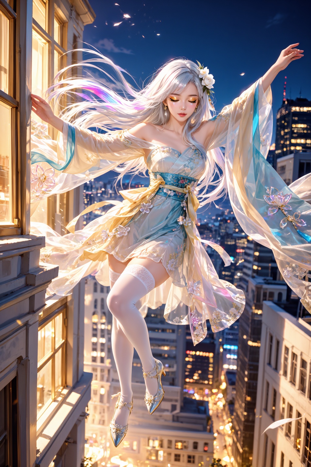 Top quality. Inspiration: Midnight,  tall buildings,  flight. Image content: A girl on Tensor.Art