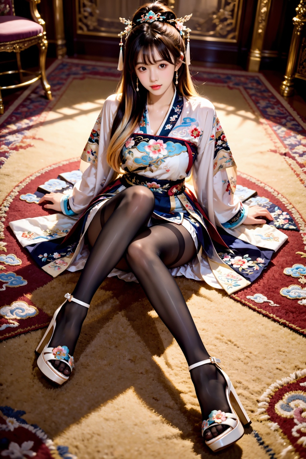 A girl sits cross-legged on a carpet,  facing the viewer. Her legs are naturally bent and crossed in front of her,  her bu...
