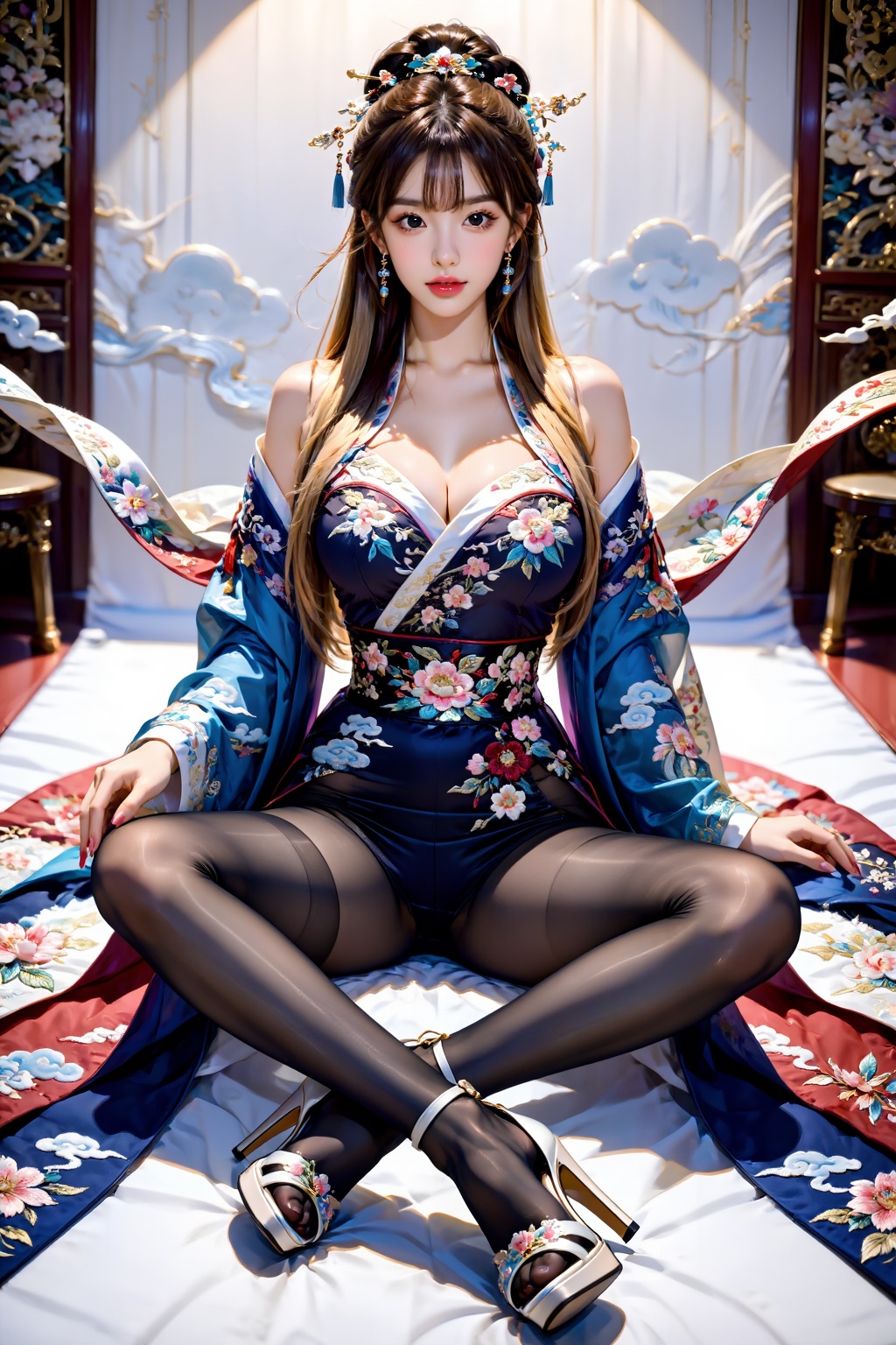 A girl,  facing the audience,  sits cross-legged on Tensor.Art