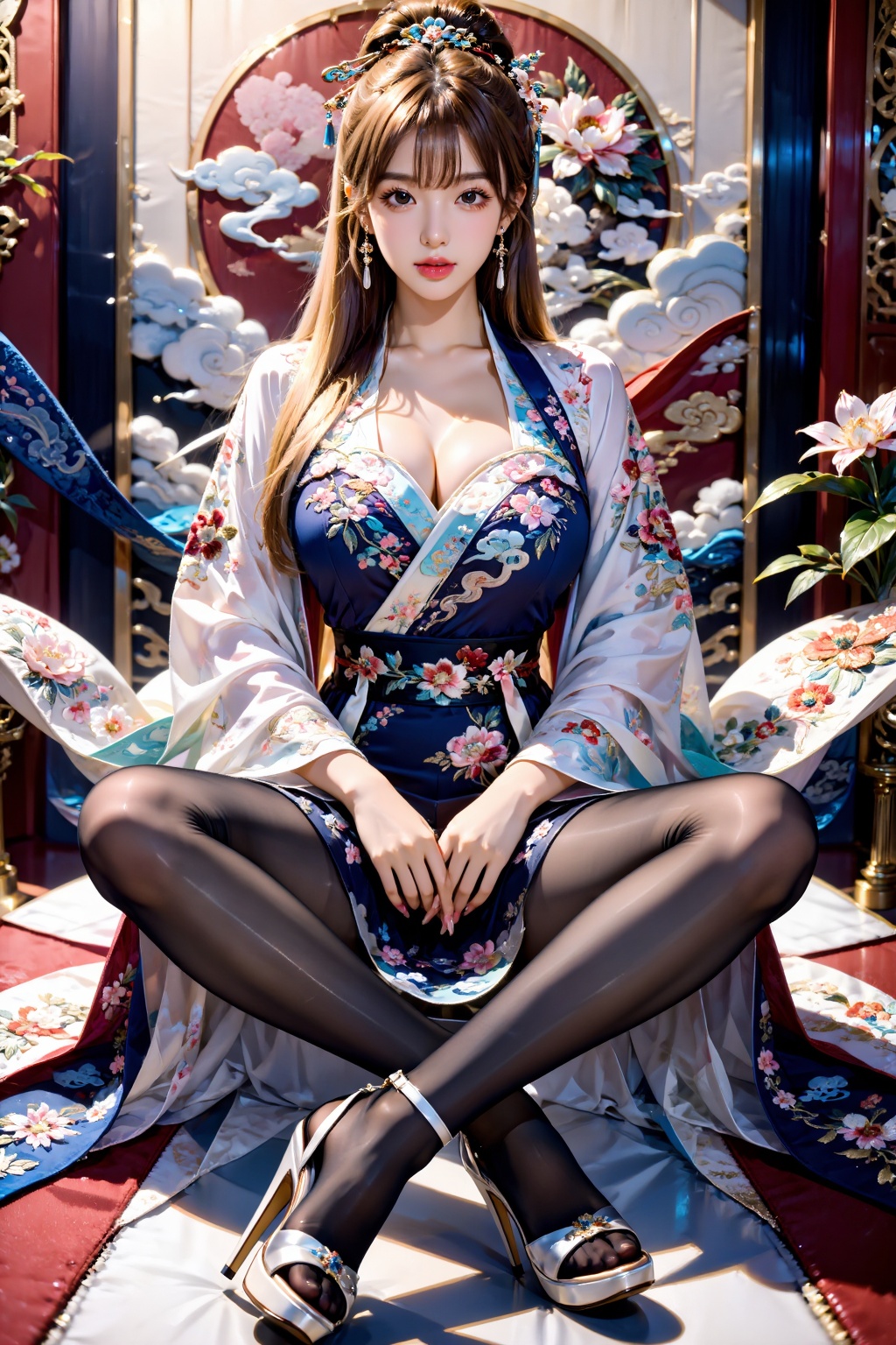 A girl,  facing the audience,  sits cross-legged on Tensor.Art