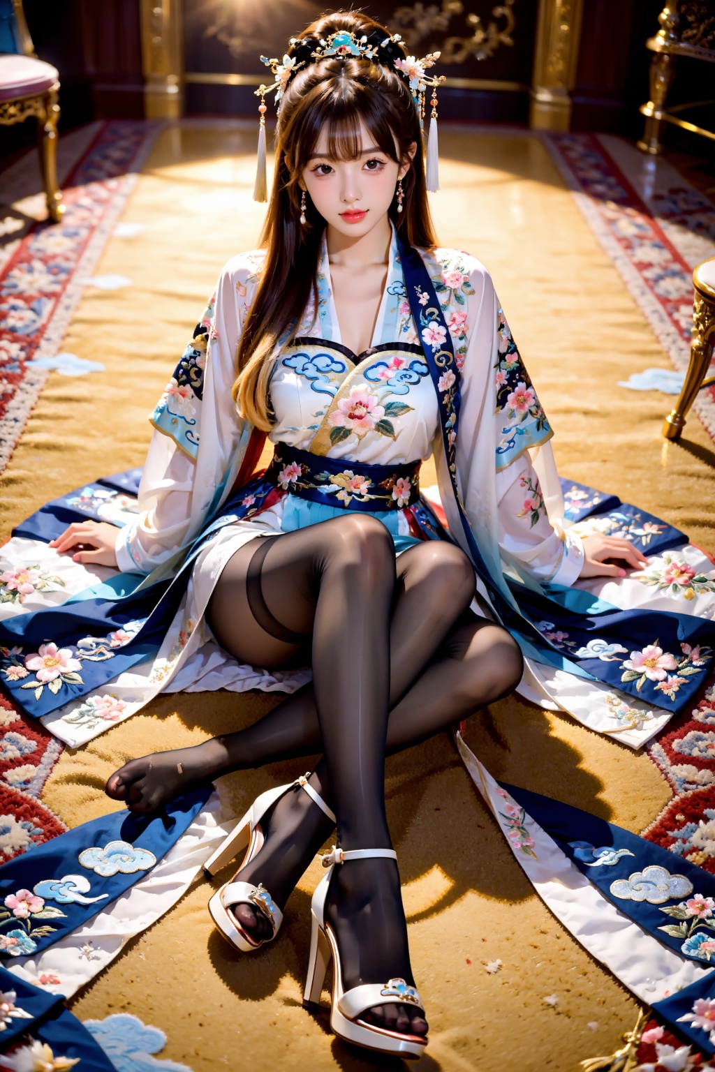 A girl sits cross-legged on a carpet,  facing the viewer. Her legs are naturally bent and crossed in front of her,  her bu...