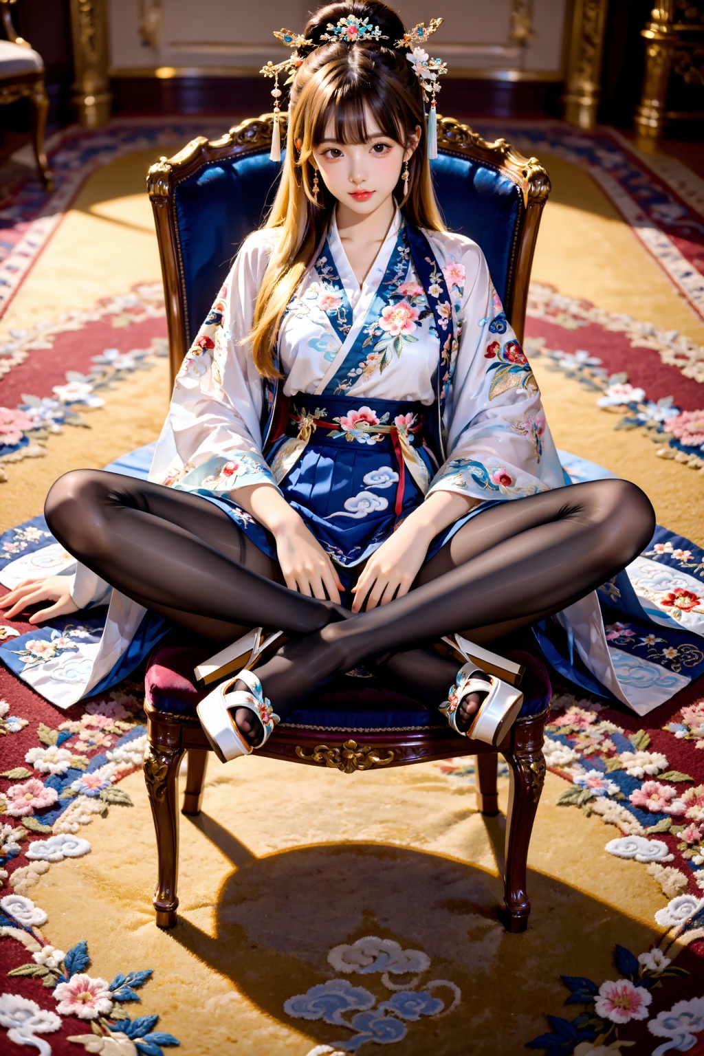 A girl sits fully on a wide chair,  her legs folded on the seat in a relaxed,  cross-legged sitting pose. Both knees are b...
