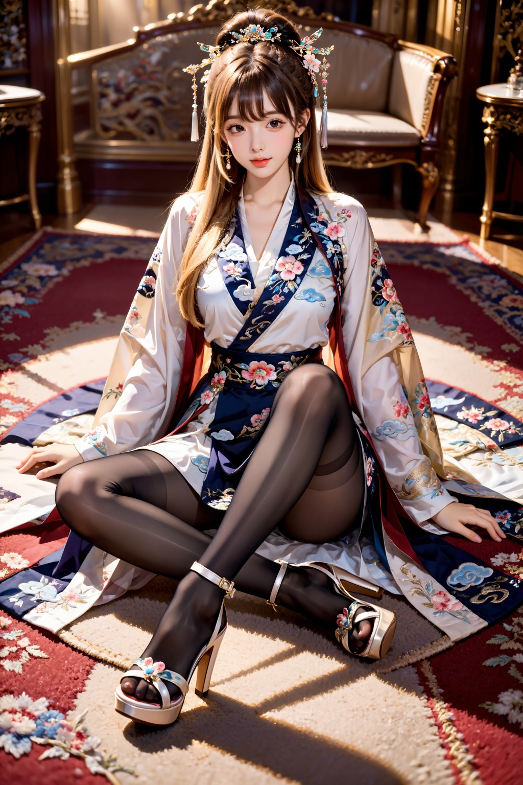 A girl sits fully on a wide chair,  her legs folded on the seat in a relaxed,  cross-legged sitting pose. Both knees are b...