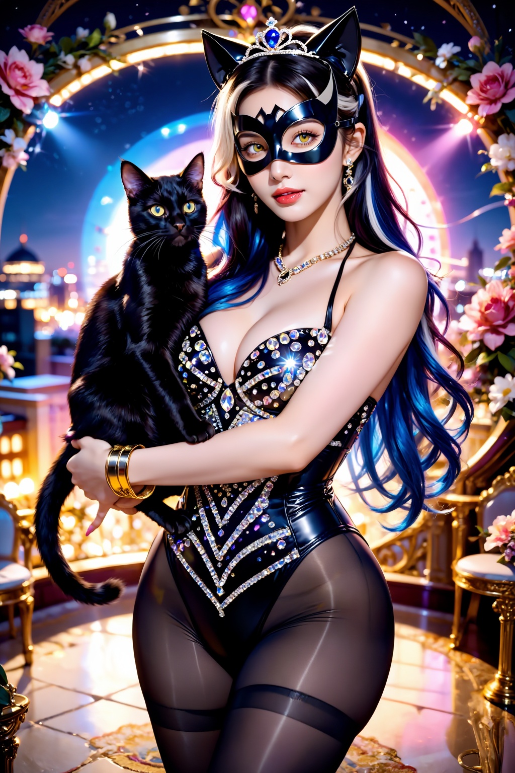 Score_9,  A beautiful woman wearing a Catwoman costume is holding a cute black cat (the black cat has bright eyes,  like a...