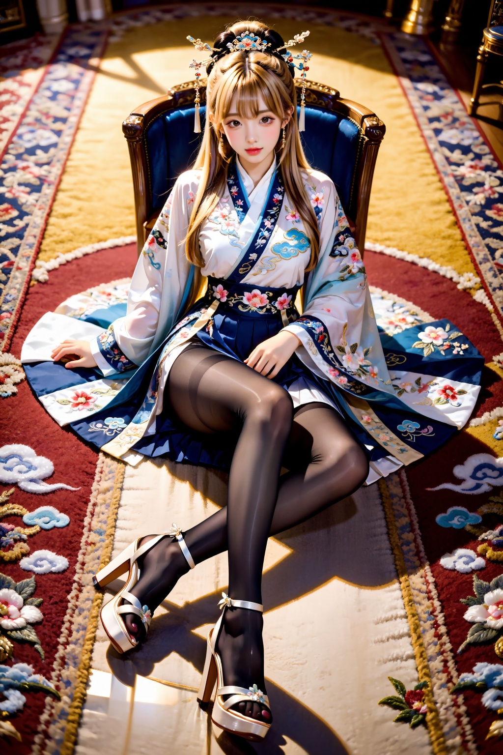 A girl sits fully on a wide chair,  her legs folded on the seat in a relaxed,  cross-legged sitting pose. Both knees are b...