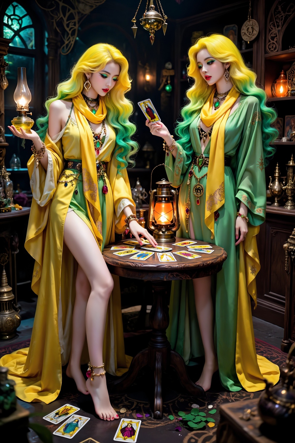 Score_9,  Close-up: This is a tarot fortune-telling shop full of mystery. There is only one oil lamp in the dark shop. A m...