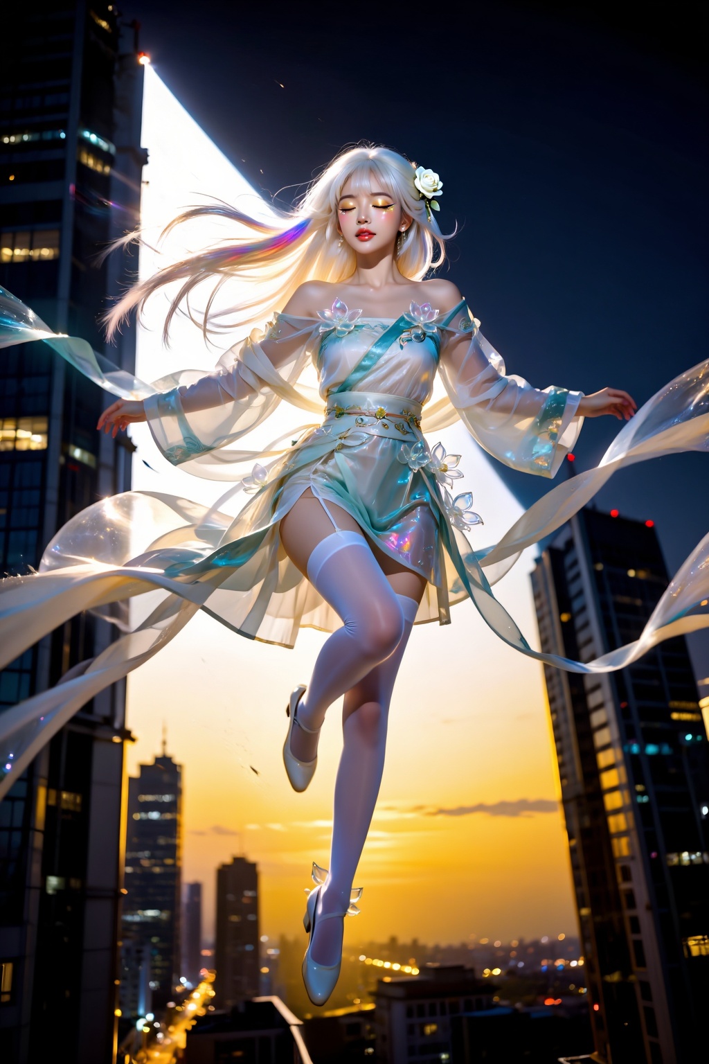 Top quality. Inspiration: Midnight,  tall buildings,  flight. Image content: A girl on Tensor.Art