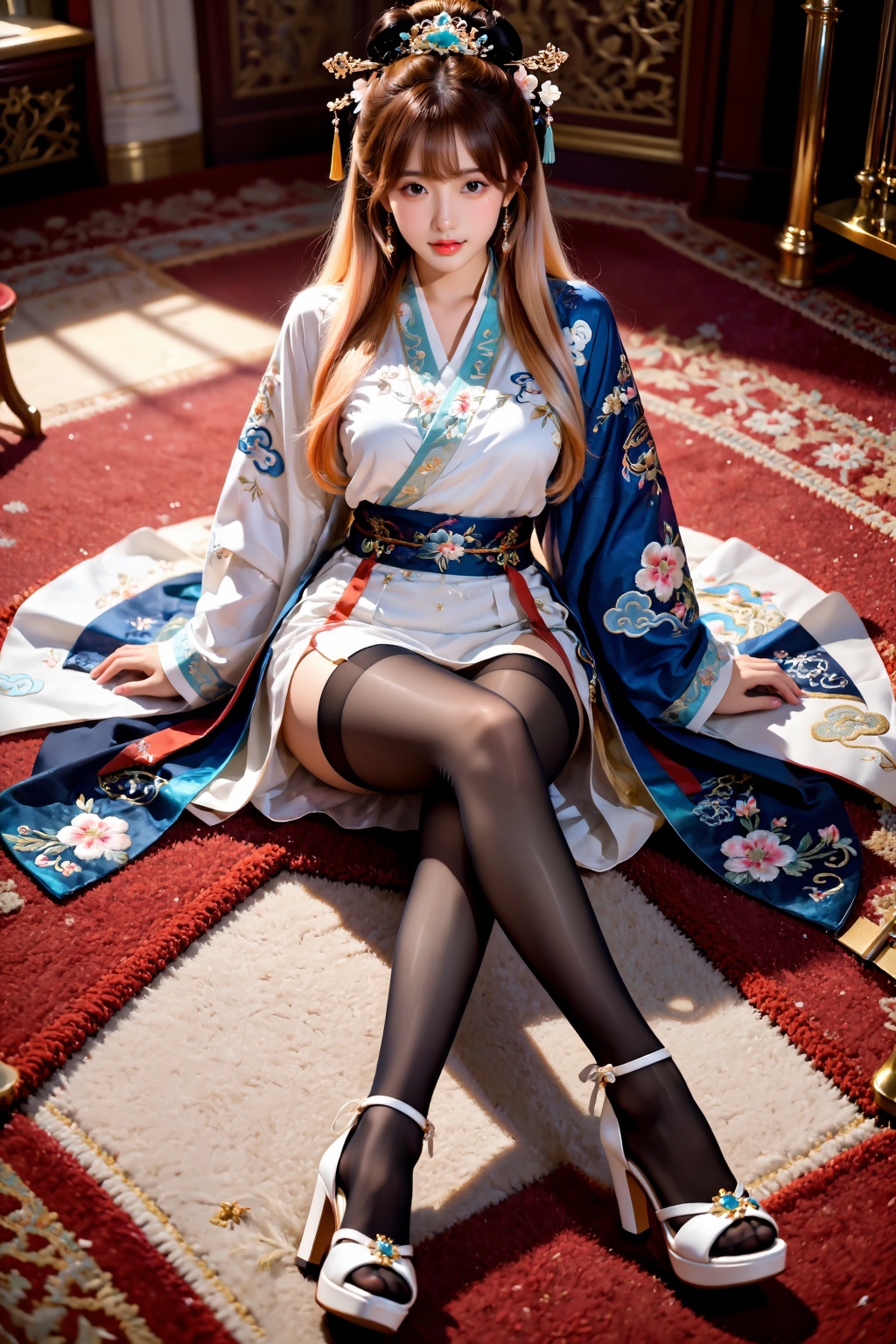 A girl sits cross-legged on a carpet,  facing the viewer. Her legs are naturally bent and crossed in front of her,  her bu...