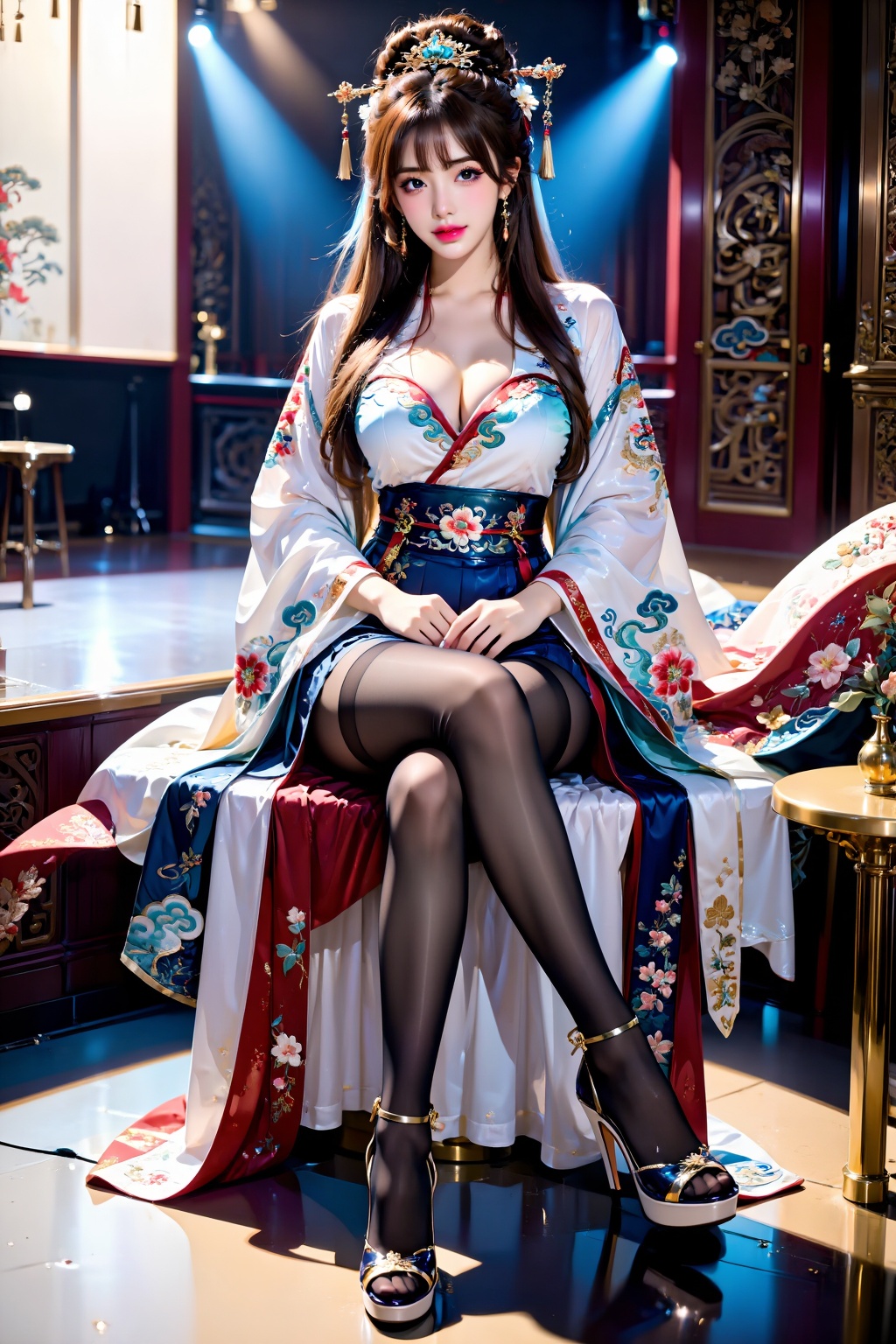 A girl sits cross-legged facing the audience on a high stool,  wearing exquisite hair accessories,  Hanfu (traditional Han...