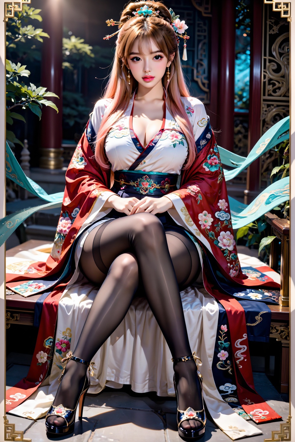 A girl,  facing the audience,  sits cross-legged on Tensor.Art