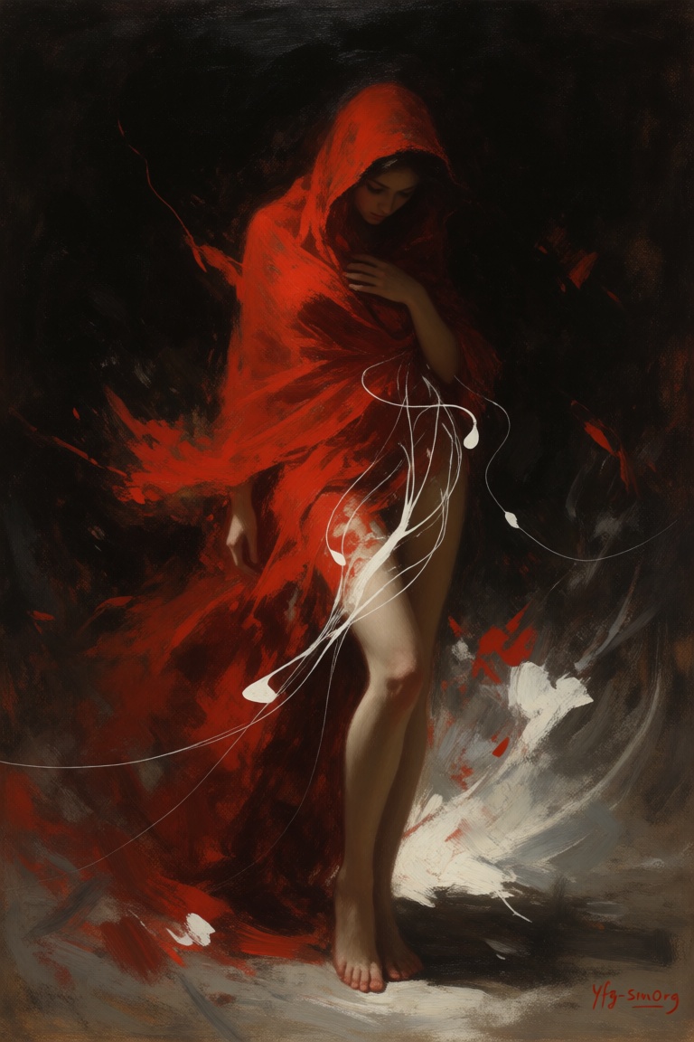 yfg-**0rg,  Bask in the realm of abstract expressionism as a mysterious figure cloaked in a vibrant red shawl steps into v...