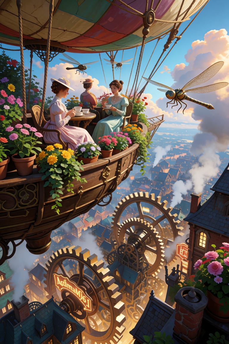 an ornate floating airship garden where Victorian ladies in pastel dresses sip tea surrounded by potted flowers and hoveri...