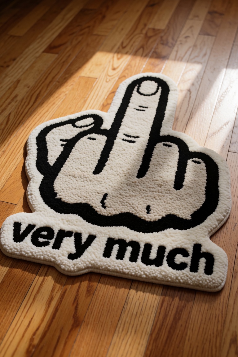 a fluffy carpet mat that represent a middle finger gesture on a hardwood floor. the words "very much" underneath the gestu...