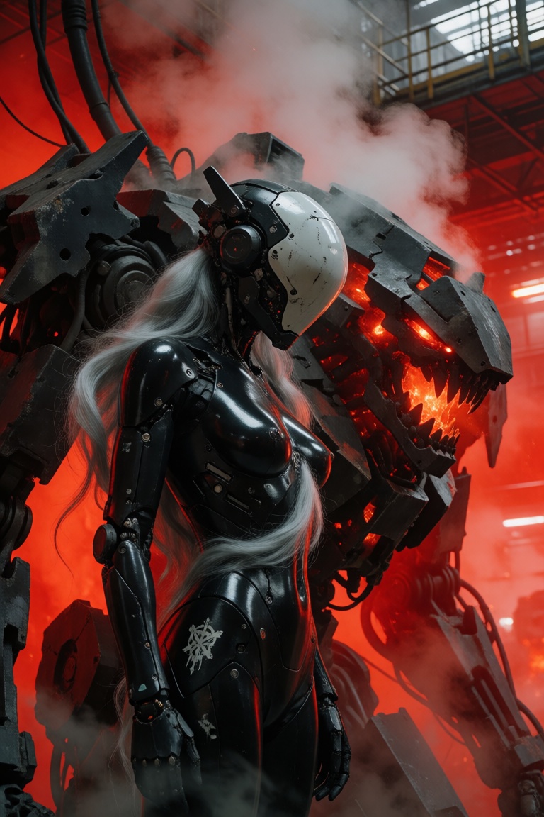 Photograph of a sleek,  cybernetic woman standing in a profile view next to a massive,  monstrous mechanical exoskeleton i...