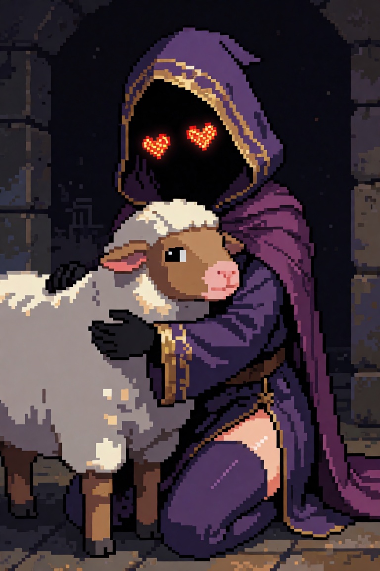 (pixel_art),  dark hooded digital face,  glowing pixel heart eyes only on Tensor.Art