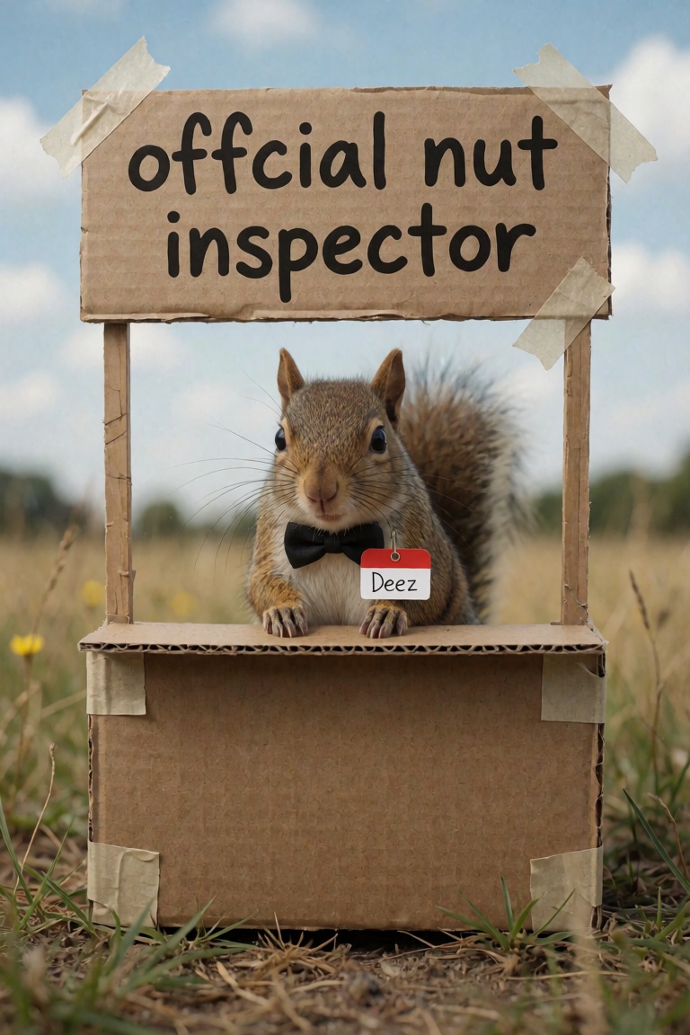 A squirrel inside a child made tiny roadside stand made from cardboard and tape with the words "offcial nut inspector" on...