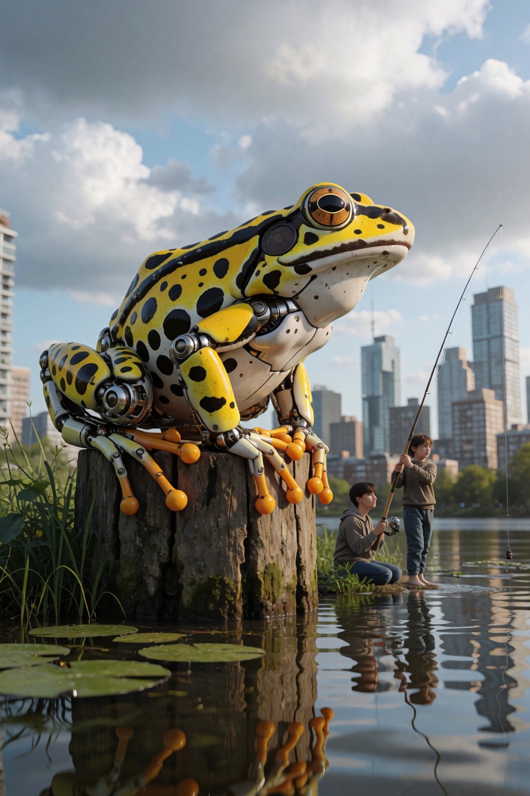 artilands02,  Photo-realistic rendering of a mechanical frog with vibrant yellow and black spotted patterns,  sitting atop...