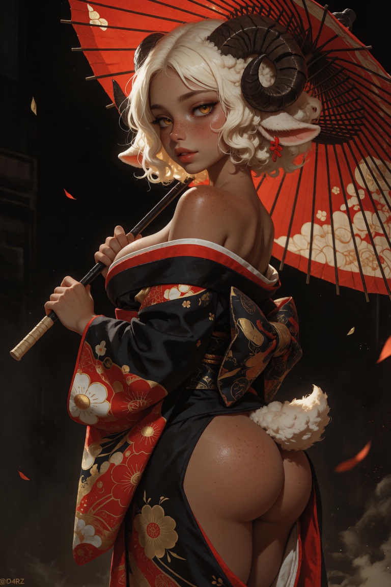@Ophelia,  a dark tan skinned anthro sheep girl with large alluring golden eyes. Her high-contrast sunTanlines skin is cov...