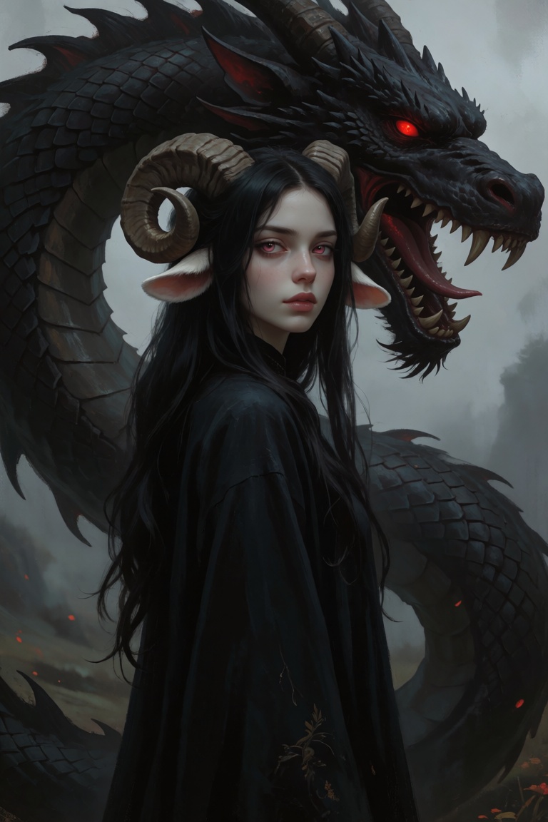 a anthro sheep woman with long,  straight black hair and sheep ears,  suggesting an sheep girl or mythical character with...