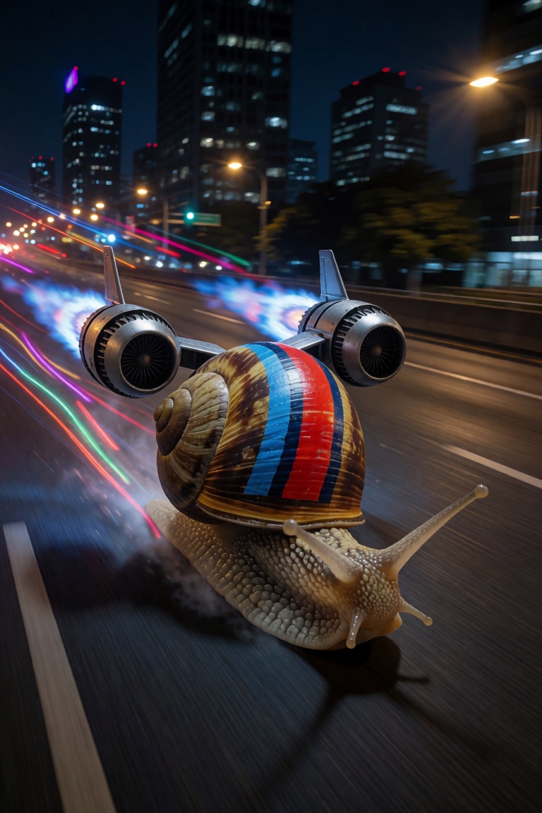A snail racing though an empty city highway at night,  it's shell is painted with rally stripes similar to a racecar,  att...