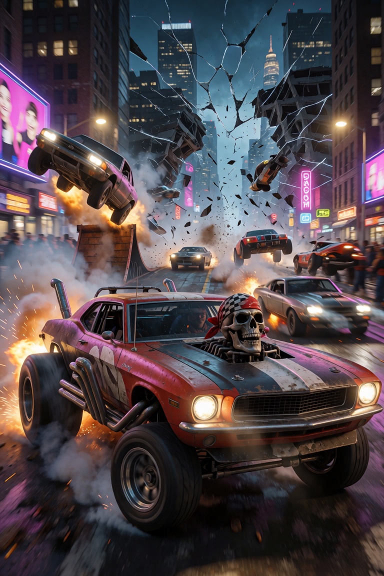 A chaotic cityscape bathed in the neon glow of streetlights is torn apart by a wild street race,  cars launching off ramps...