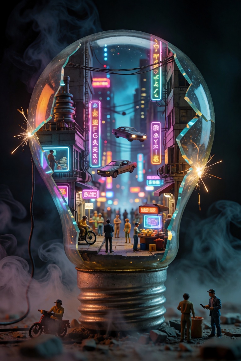 VintageSketch style,  YFG-Asak,  A hyper-detailed miniature diorama of a futuristic cyberpunk city built inside a broken l...