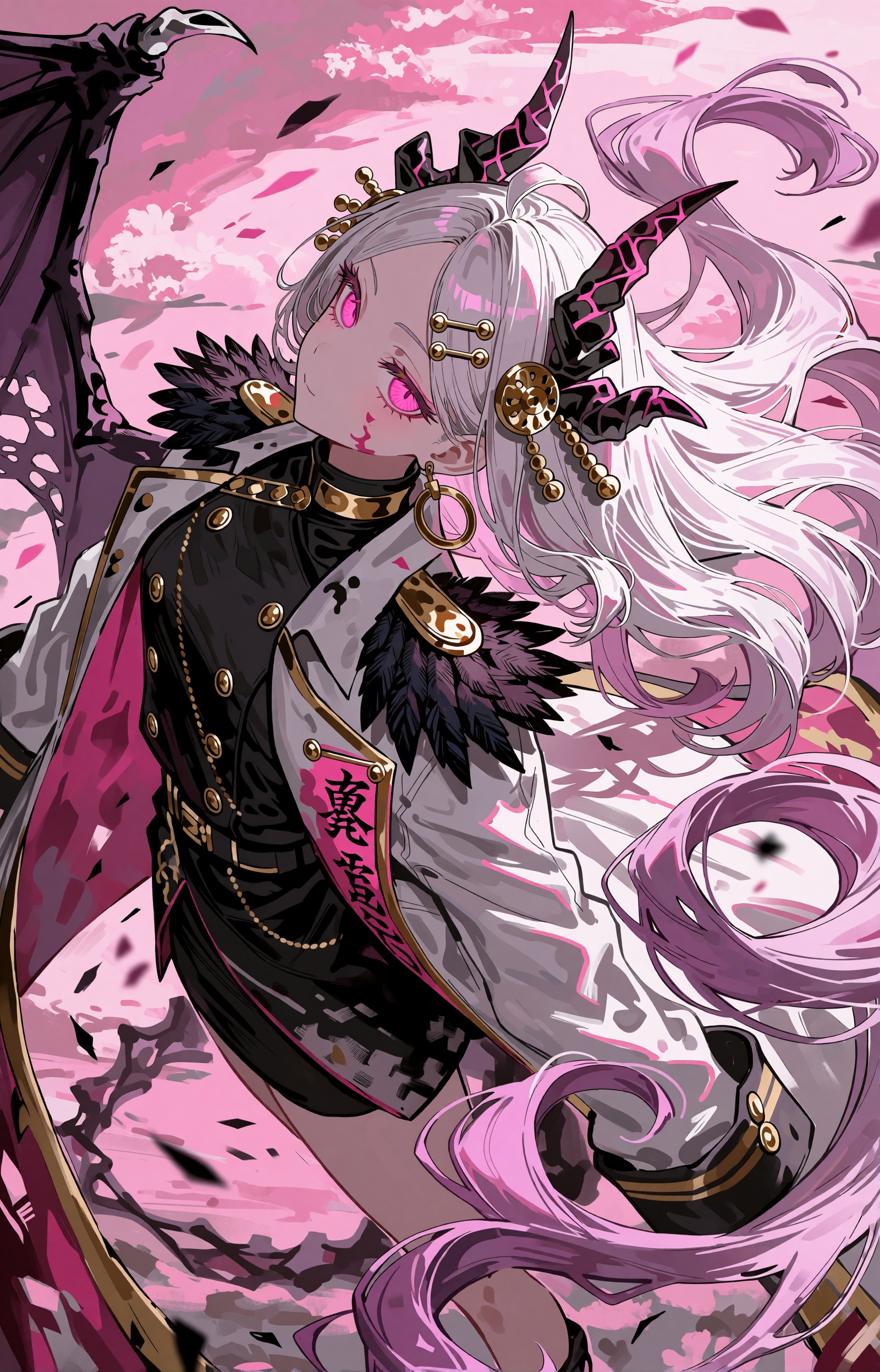 SUBJECT : A demon-blooded banner-girl with waist-length white hair that swirls into pink-lavender ribbons around her. Lumi...