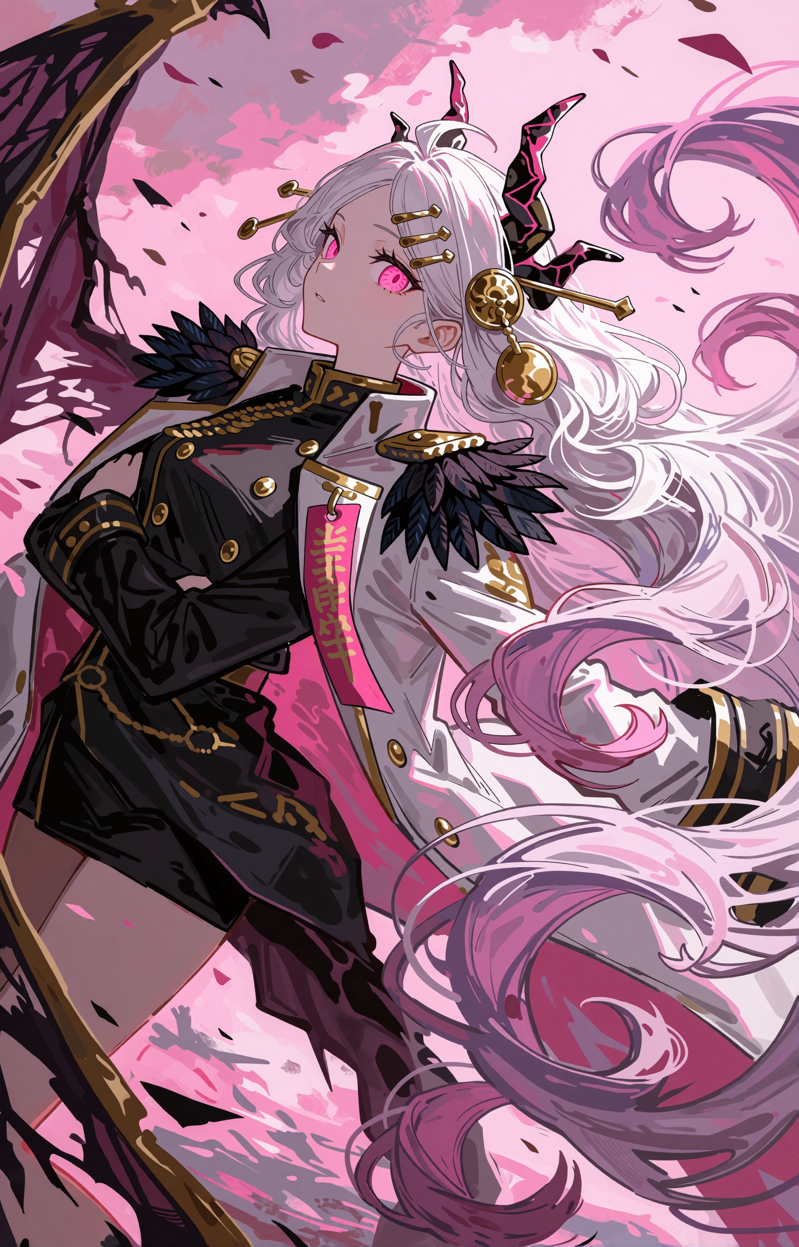 SUBJECT : A demon-blooded banner-girl with waist-length white hair that swirls into pink-lavender ribbons around her. Lumi...