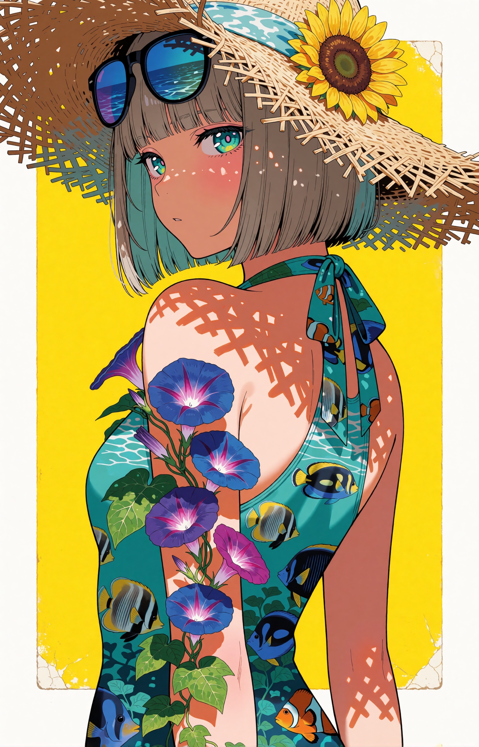 SUBJECT : A summer-day spirit girl with a blunt-cut ash-brown bob and heavy straight bangs glances back over her bare shou...