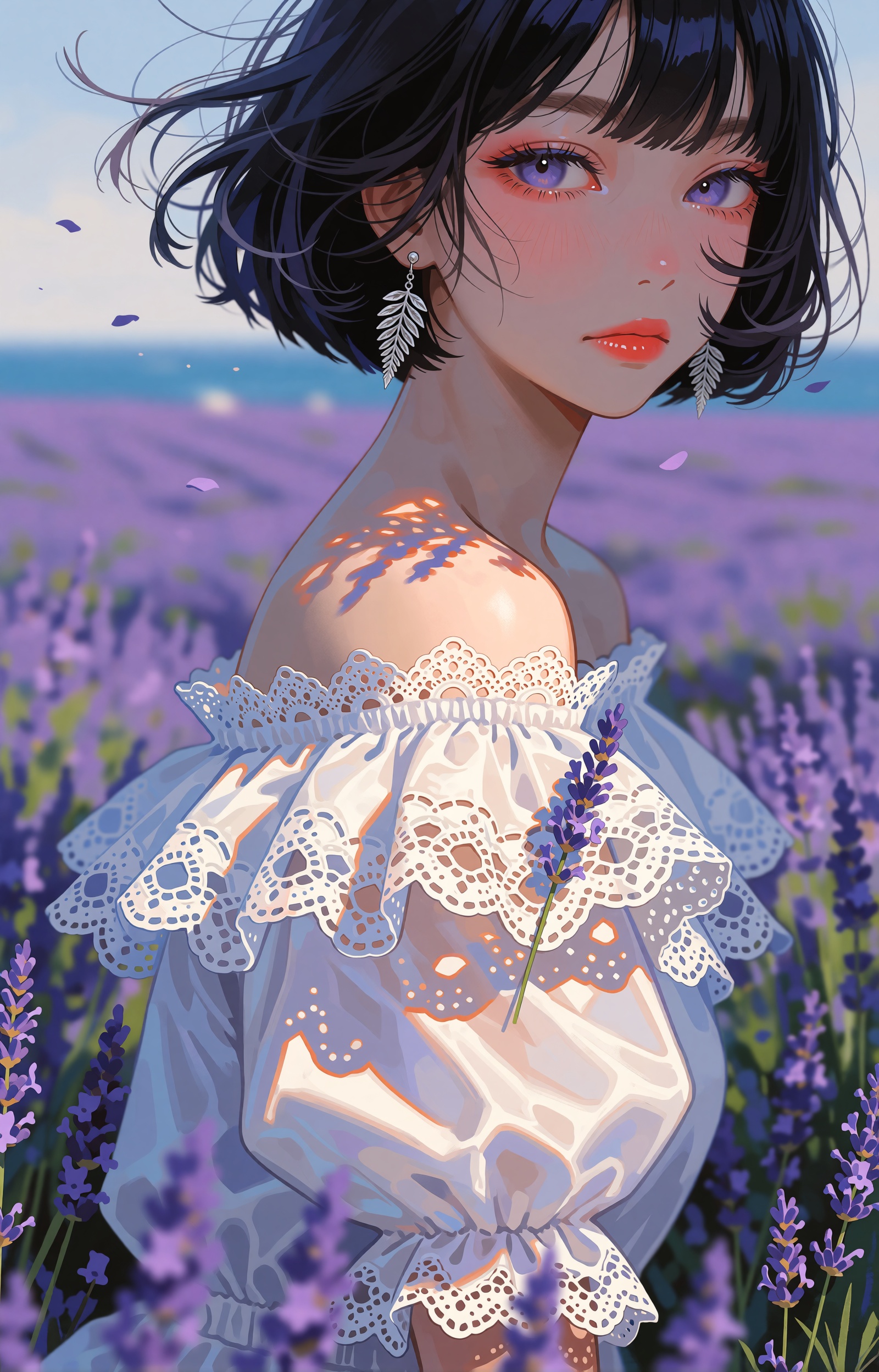SUBJECT: A young woman with a chin-length ink-black bob,  wispy stray strands lifting in a sea breeze. Violet-lavender iri...