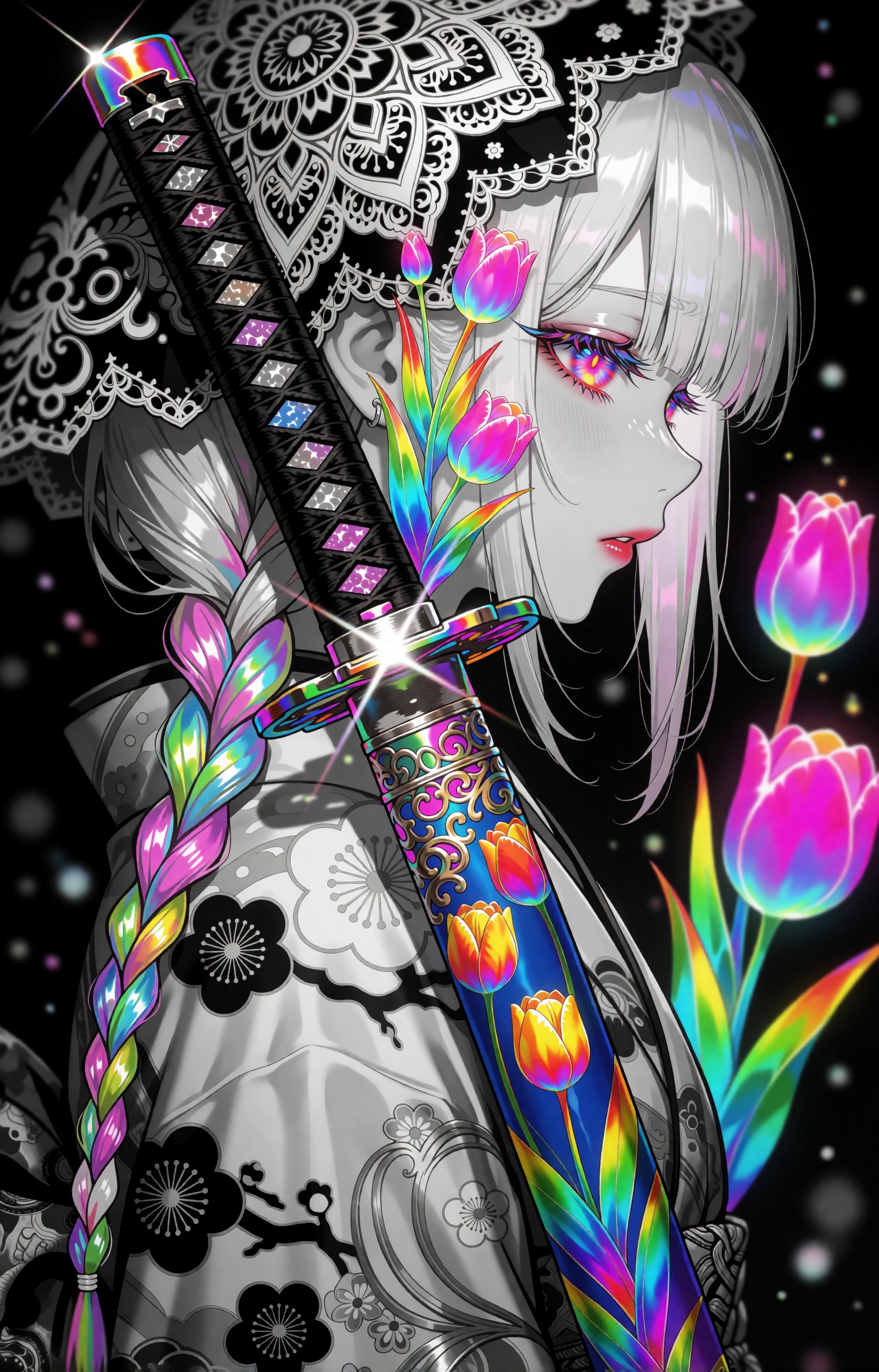A melancholic anime girl is shown in close profile facing right,  her silver-white hair falling in soft strands with a sin...