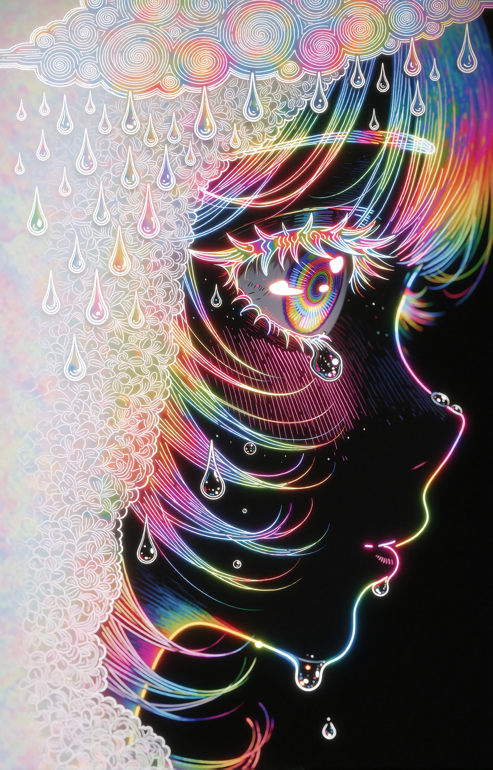 A psychedelic neon anime illustration of a figure in right-facing profile,  rendered as glowing rainbow gradient line art...