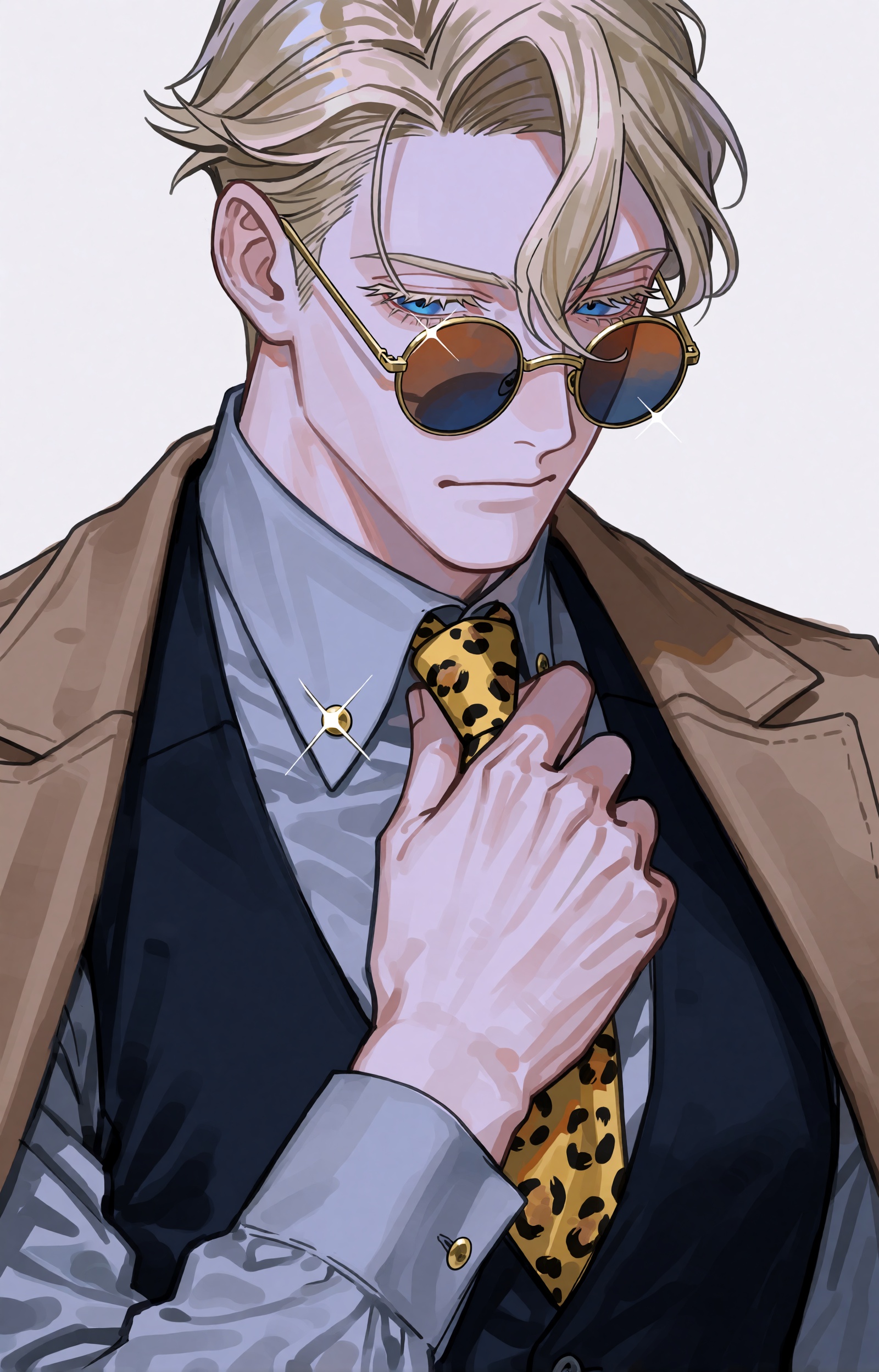 An anime-style portrait illustration of a composed ***** man with swept-back blond hair and loose strands across his foreh...