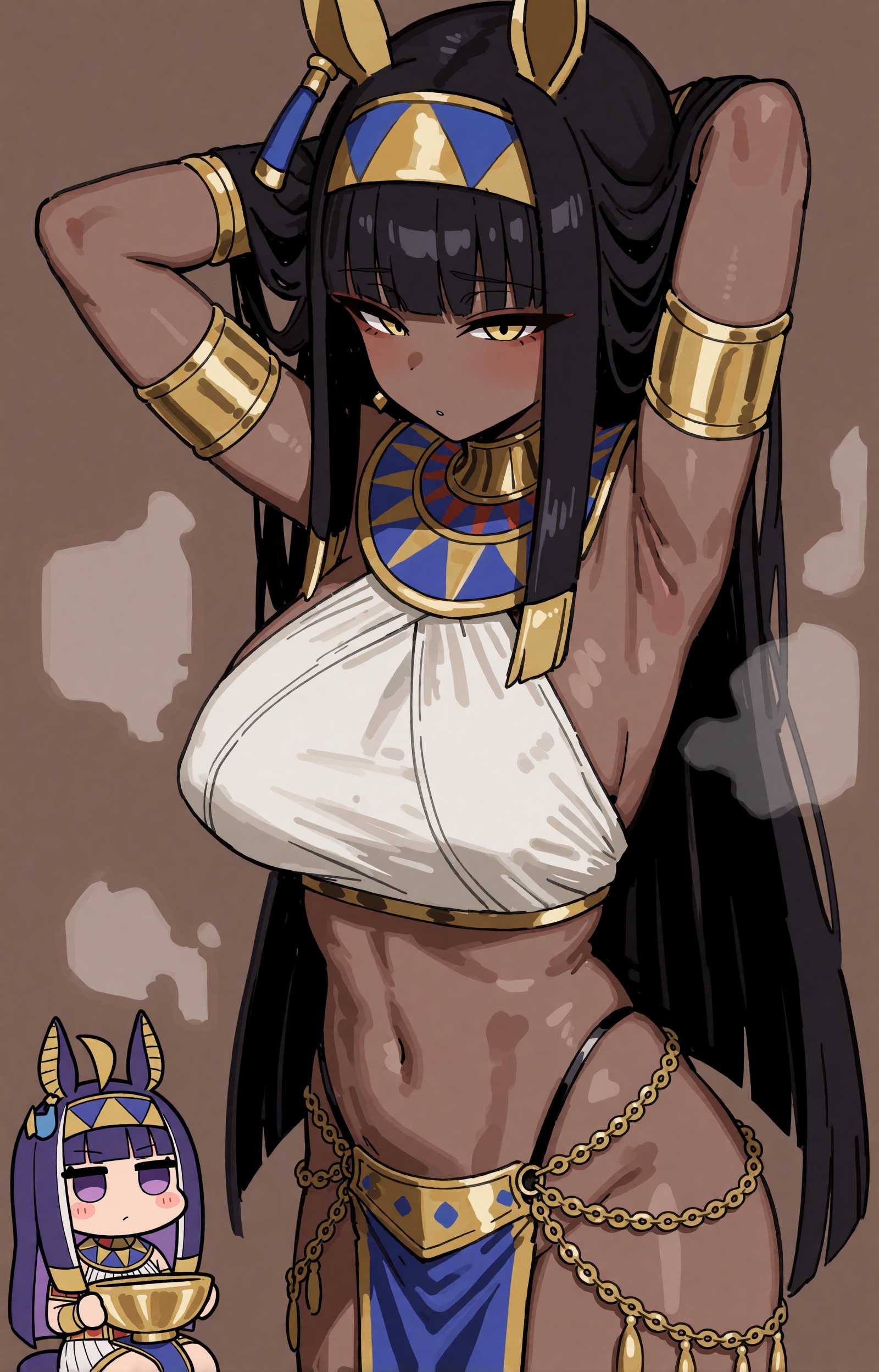 A tall,  dark-skinned anime woman with long black hair stands with her arms raised behind her head,  looking downward. She...
