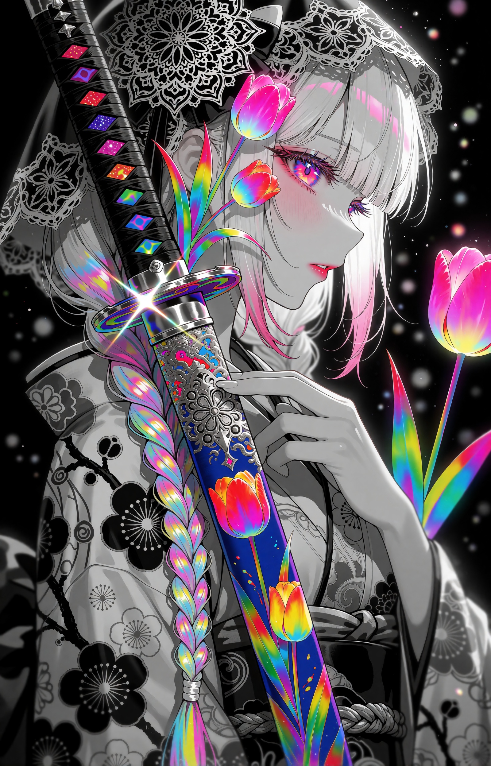 A melancholic anime girl is shown in close profile facing right,  her silver-white hair falling in soft strands with a sin...