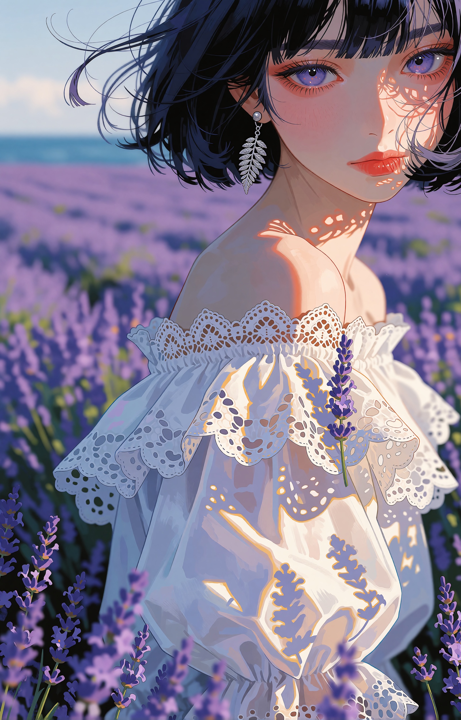 SUBJECT: A young woman with a chin-length ink-black bob,  wispy stray strands lifting in a sea breeze. Violet-lavender iri...