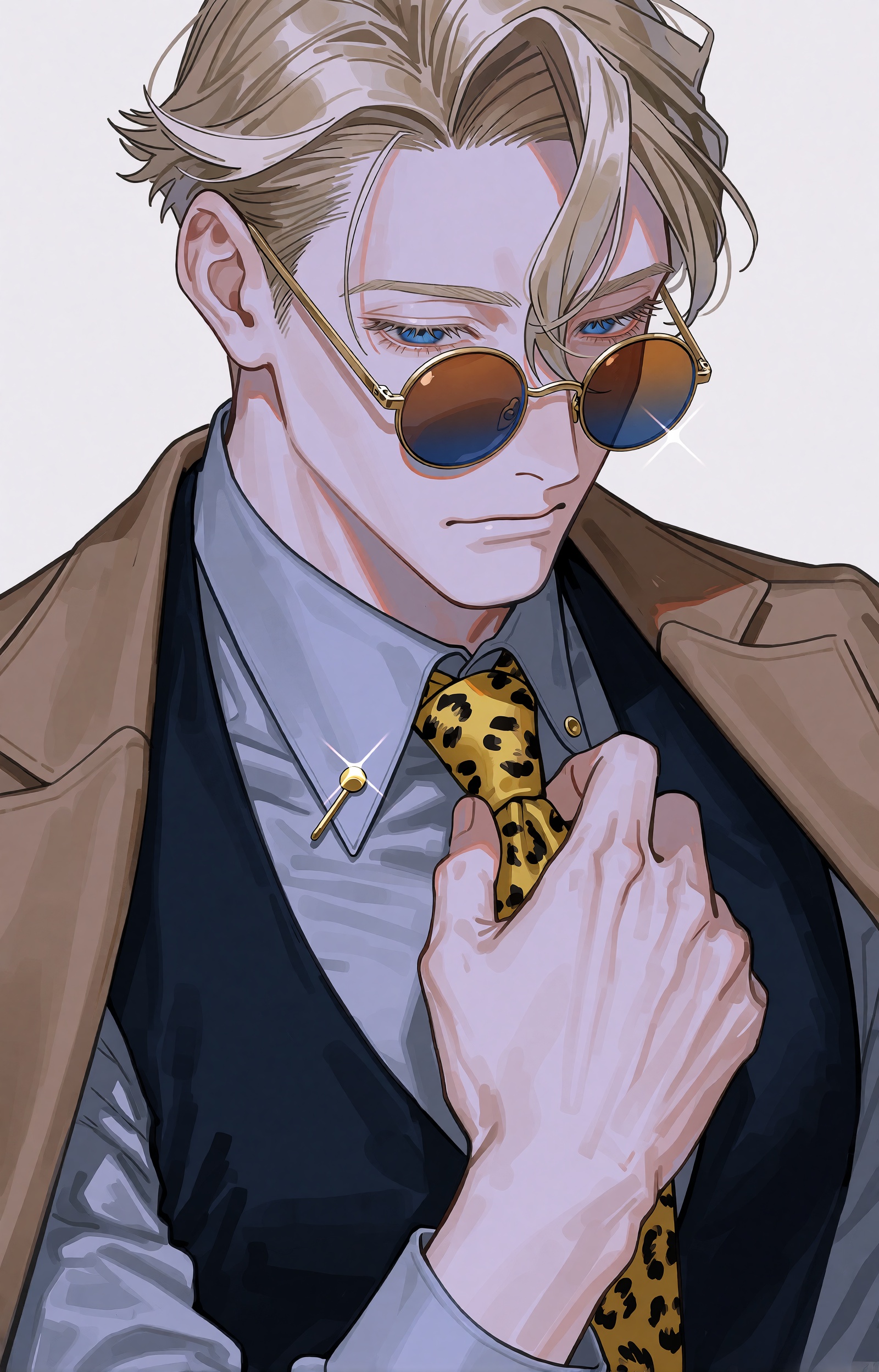 An anime-style portrait illustration of a composed ***** man with swept-back blond hair and loose strands across his foreh...