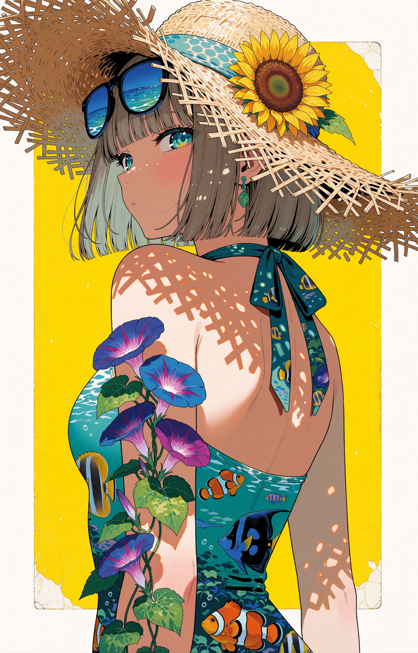 SUBJECT : A summer-day spirit girl with a blunt-cut ash-brown bob and heavy straight bangs glances back over her bare shou...