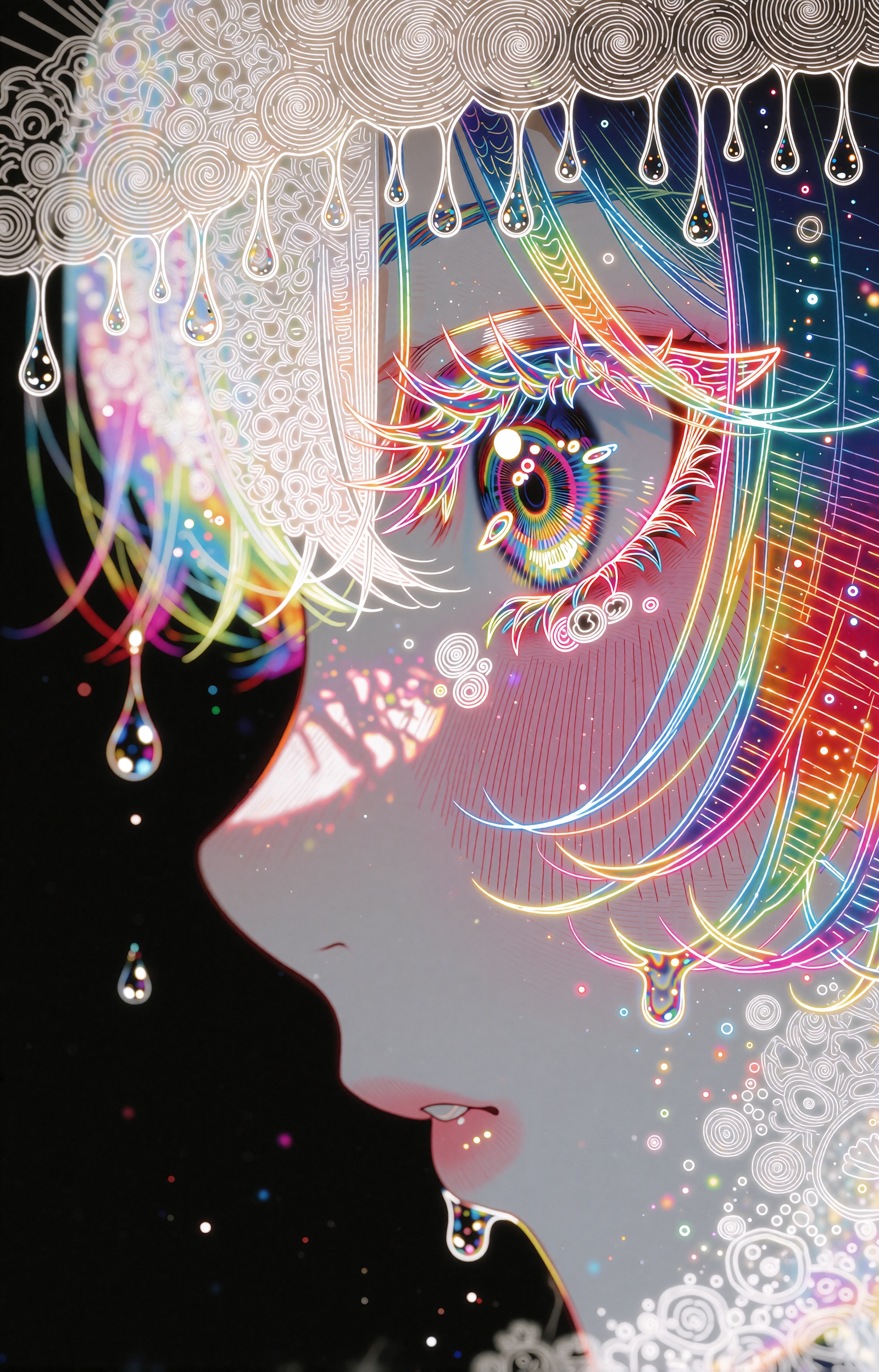 A psychedelic neon anime illustration of a figure in right-facing profile,  rendered as glowing rainbow gradient line art...