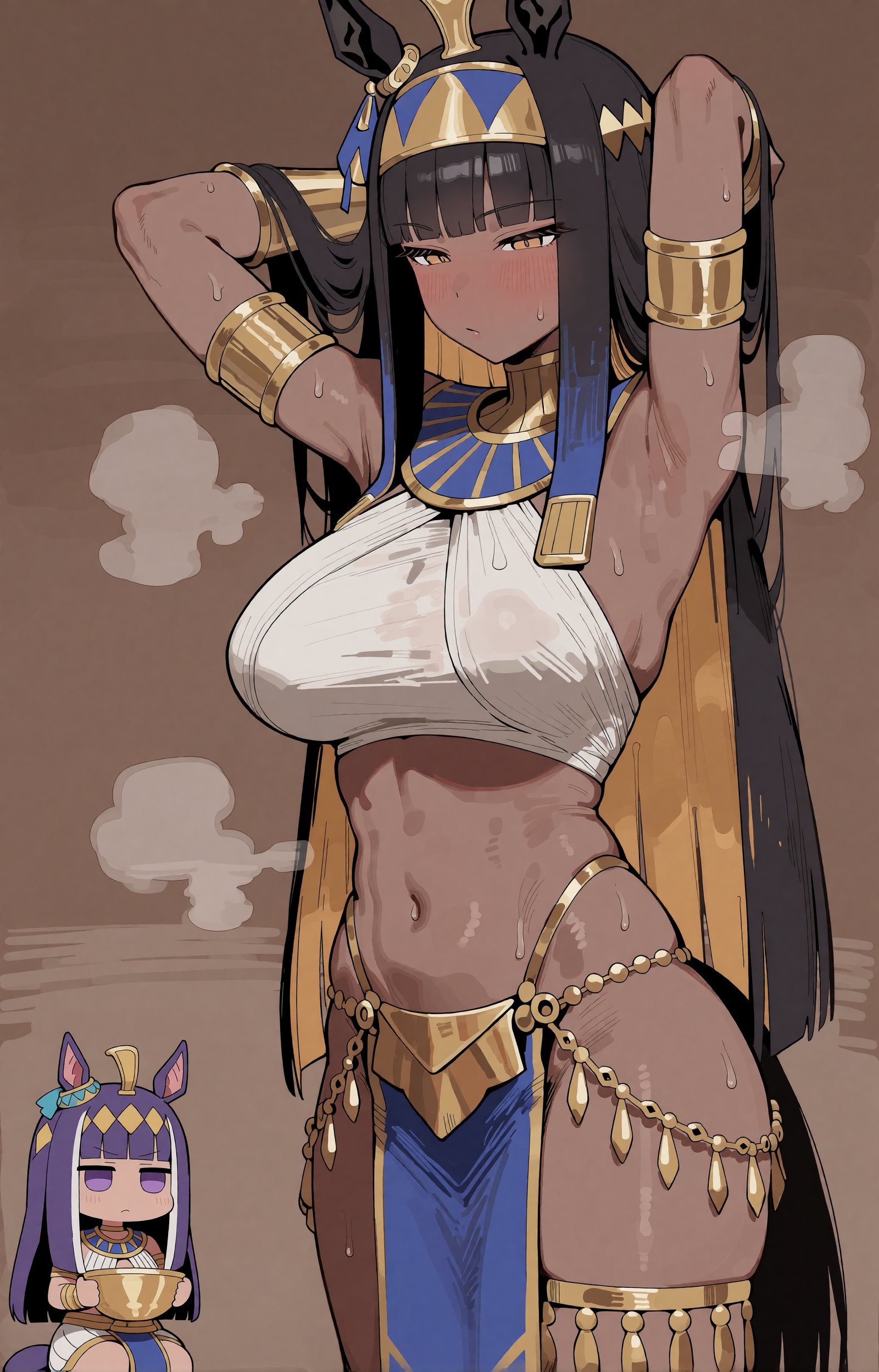 A tall,  dark-skinned anime woman with long black hair stands with her arms raised behind her head,  looking downward. She...