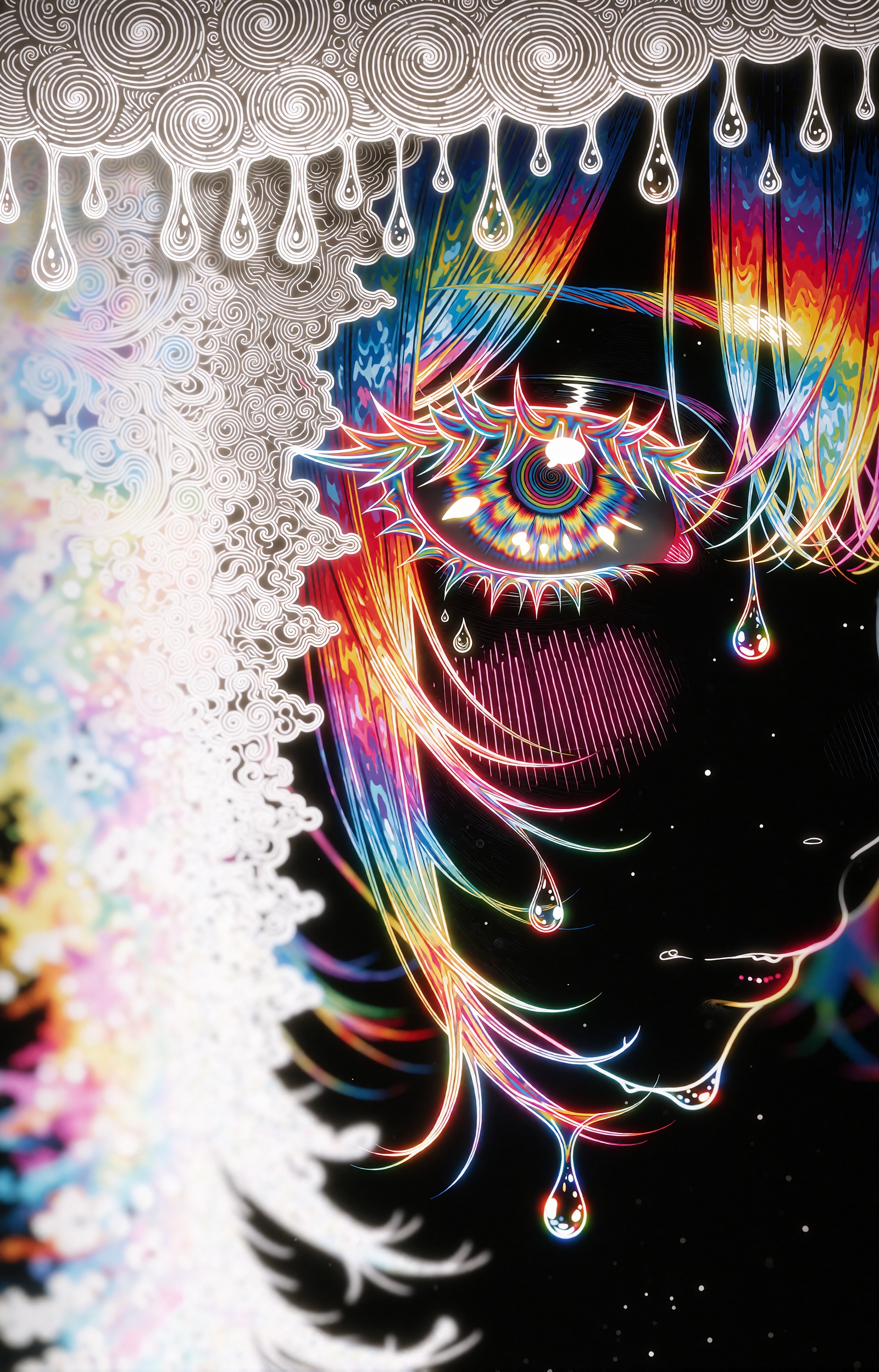 A psychedelic neon anime illustration of a figure in right-facing profile,  rendered as glowing rainbow gradient line art...