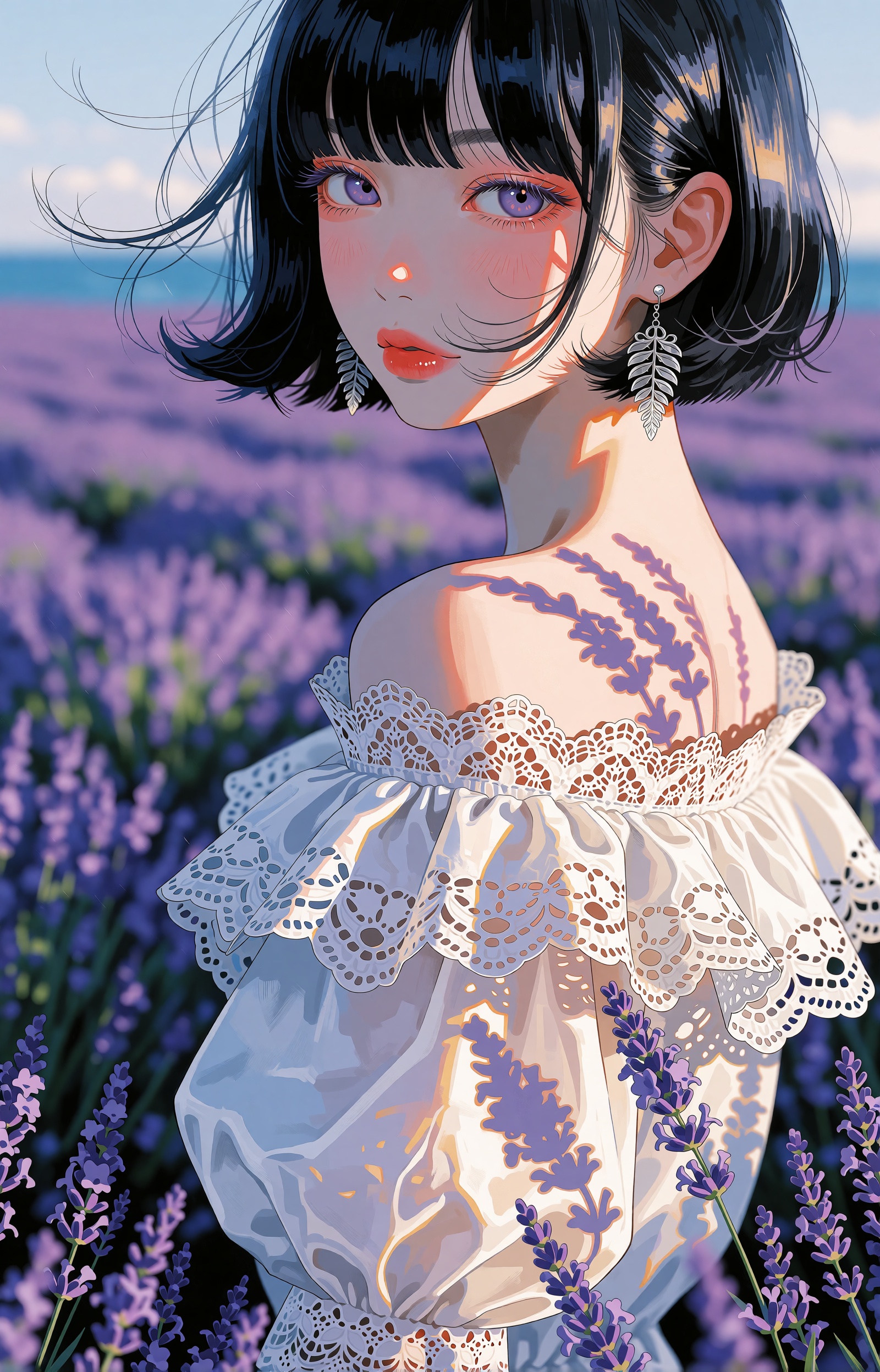 SUBJECT: A young woman with a chin-length ink-black bob,  wispy stray strands lifting in a sea breeze. Violet-lavender iri...