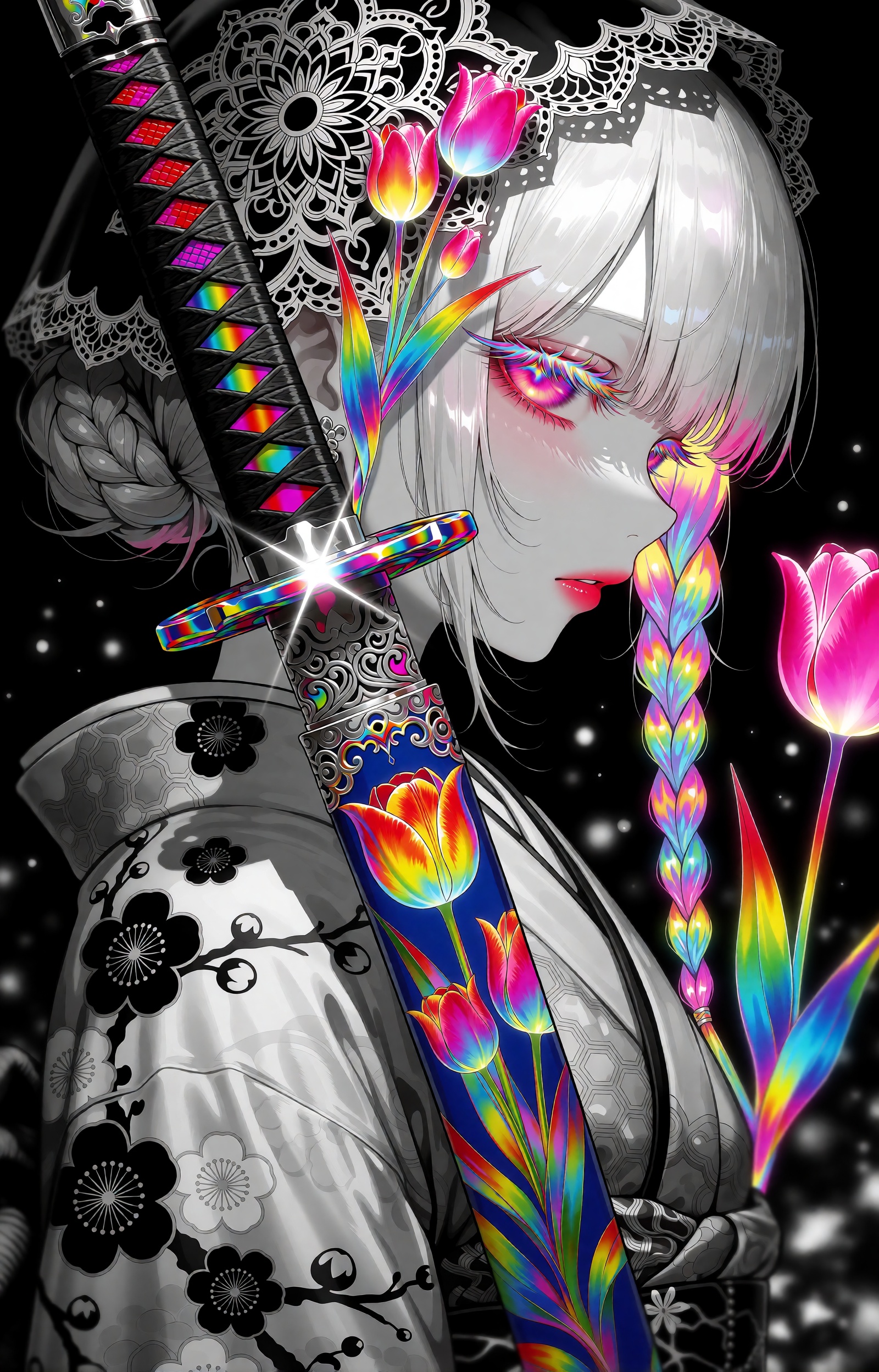 A melancholic anime girl is shown in close profile facing right,  her silver-white hair falling in soft strands with a sin...