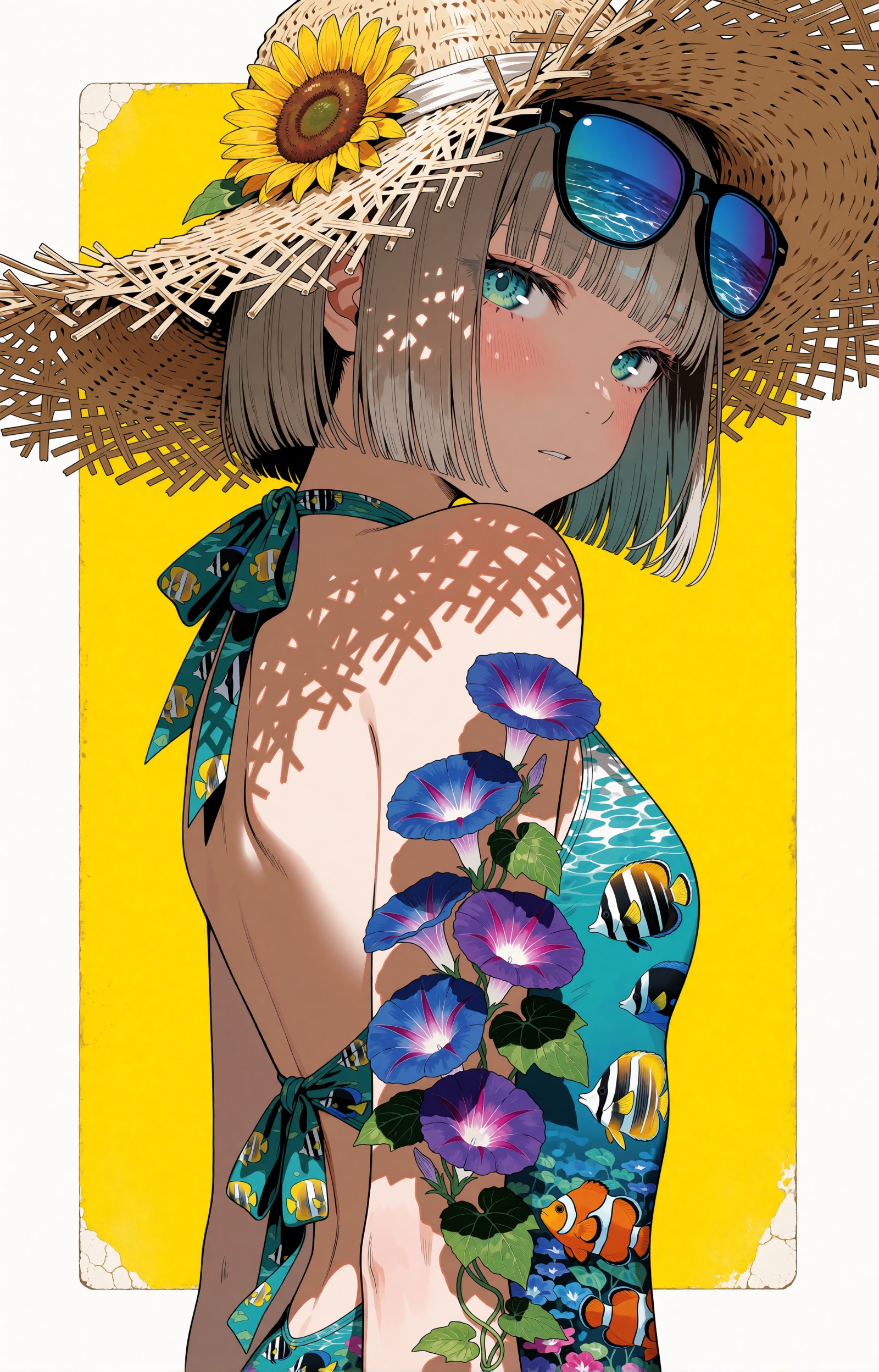 SUBJECT : A summer-day spirit girl with a blunt-cut ash-brown bob and heavy straight bangs glances back over her bare shou...