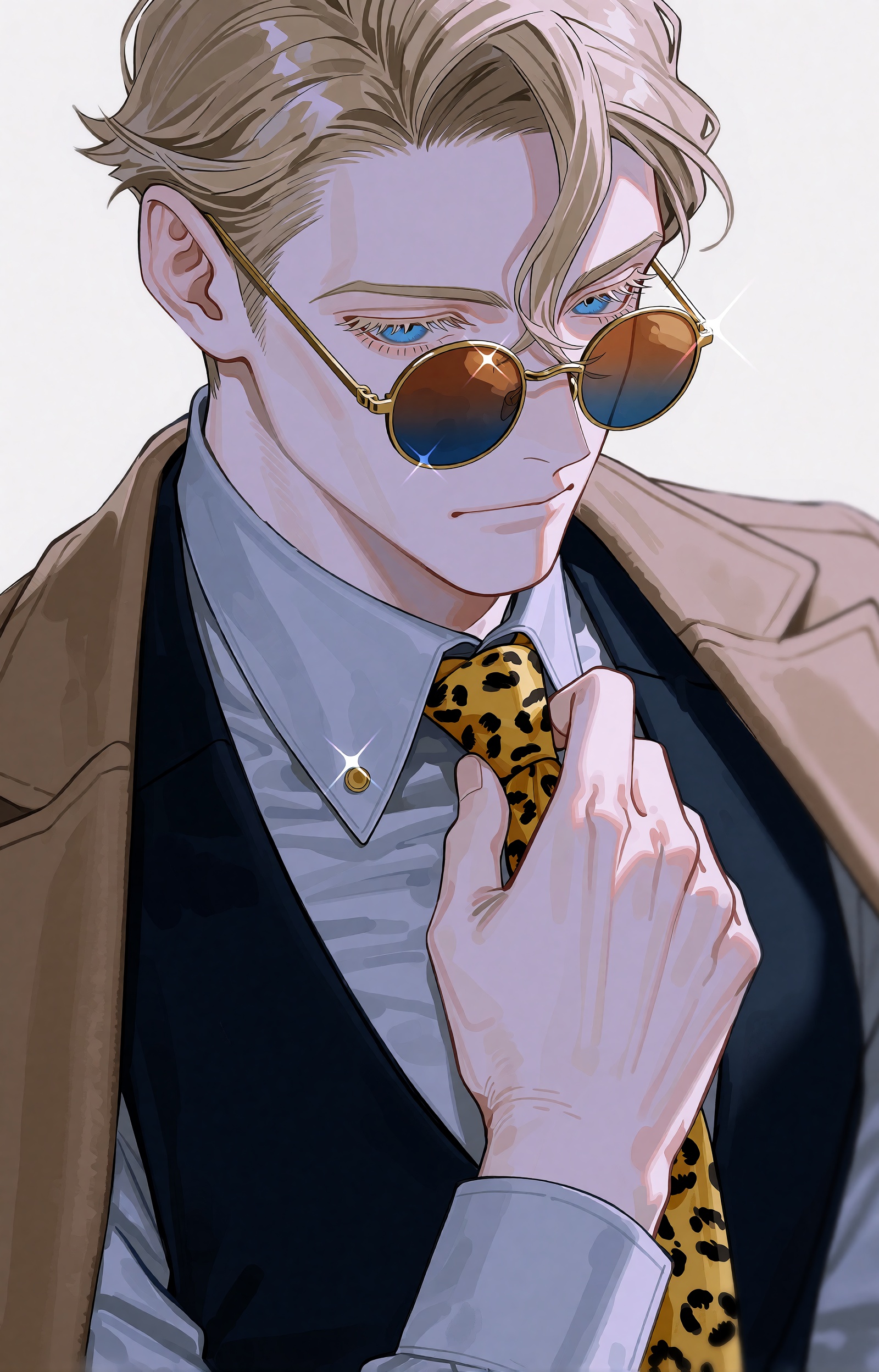 An anime-style portrait illustration of a composed ***** man with swept-back blond hair and loose strands across his foreh...
