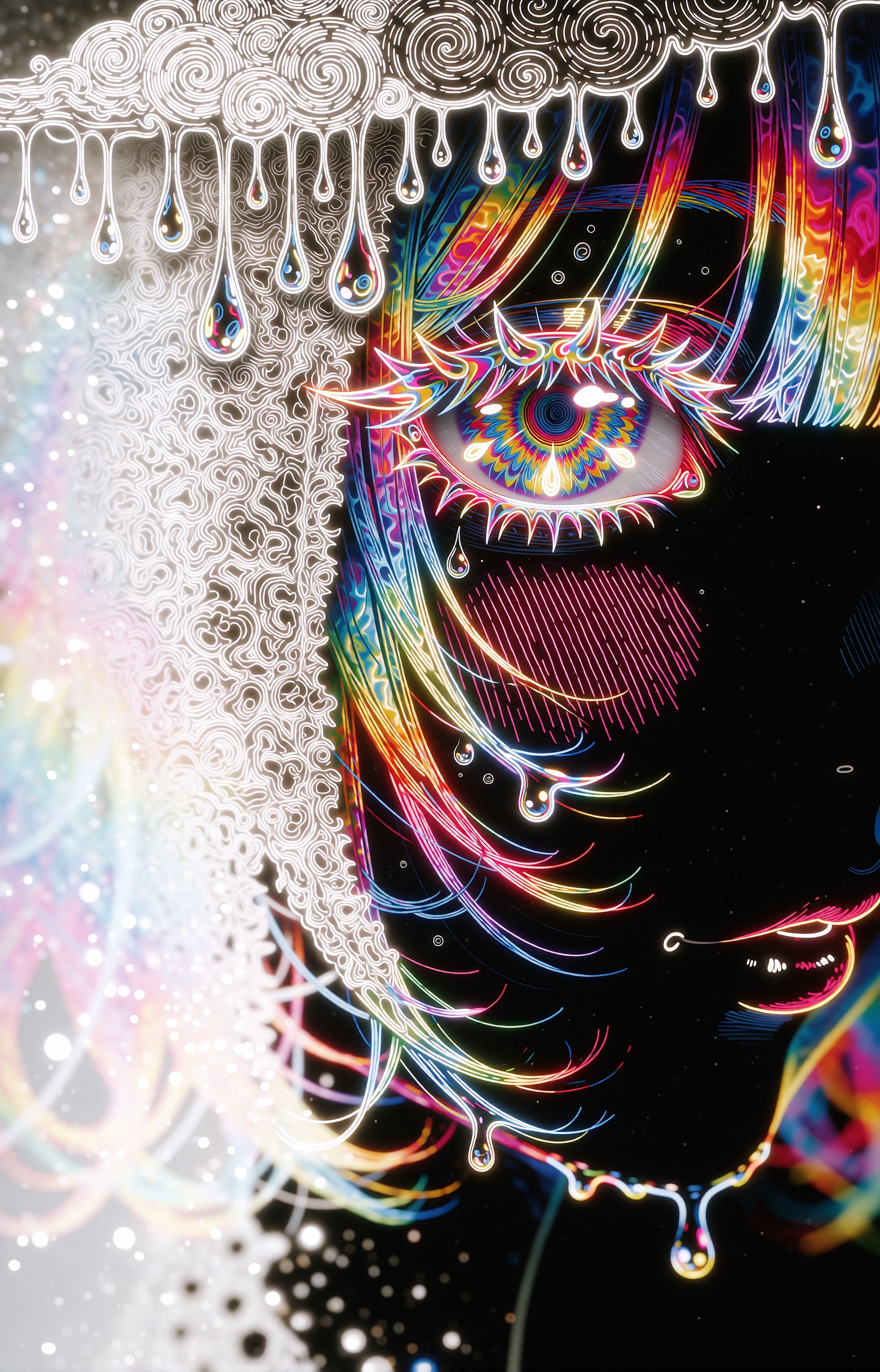 A psychedelic neon anime illustration of a figure in right-facing profile,  rendered as glowing rainbow gradient line art...
