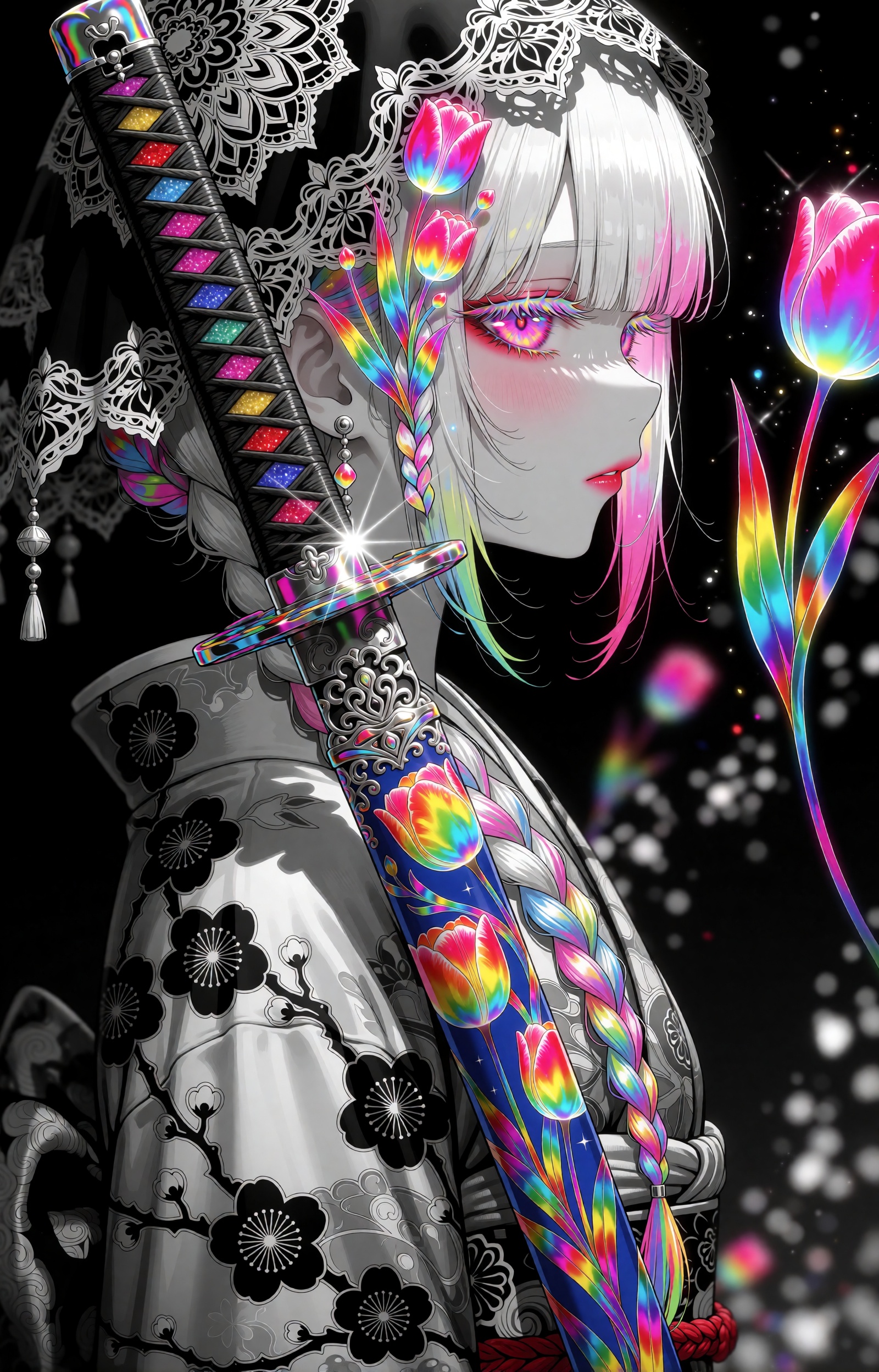 A melancholic anime girl is shown in close profile facing right,  her silver-white hair falling in soft strands with a sin...