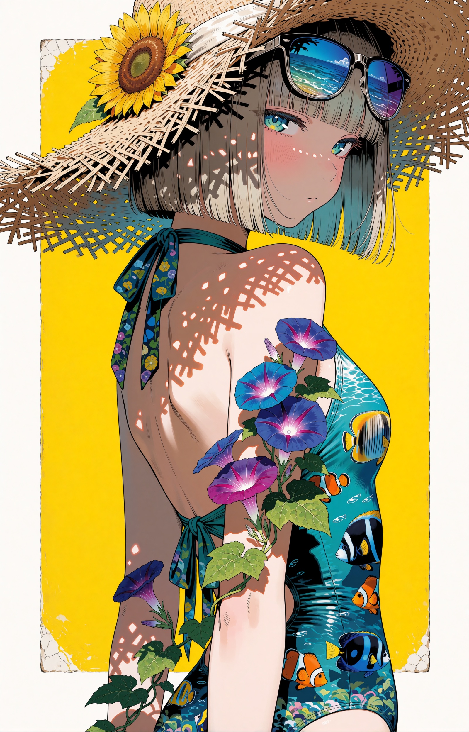 SUBJECT : A summer-day spirit girl with a blunt-cut ash-brown bob and heavy straight bangs glances back over her bare shou...