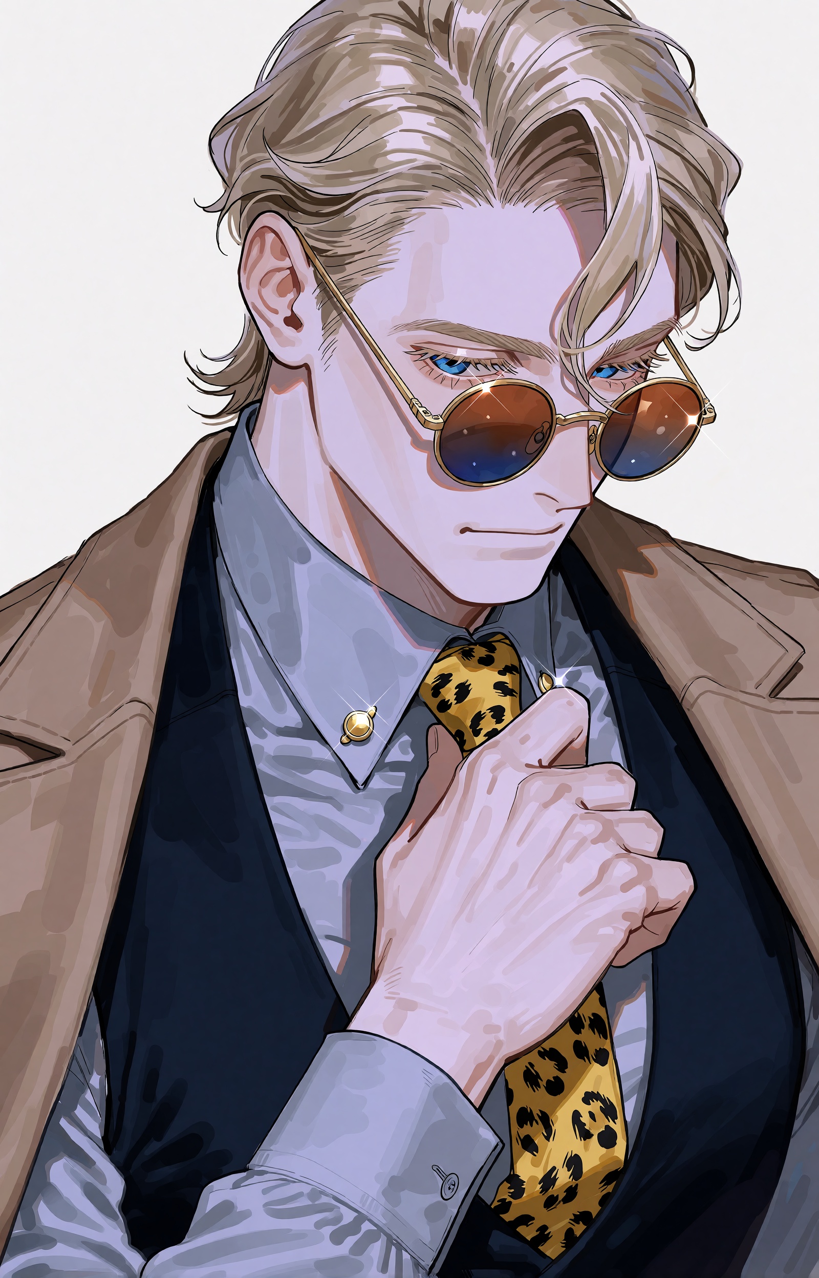 An anime-style portrait illustration of a composed ***** man with swept-back blond hair and loose strands across his foreh...