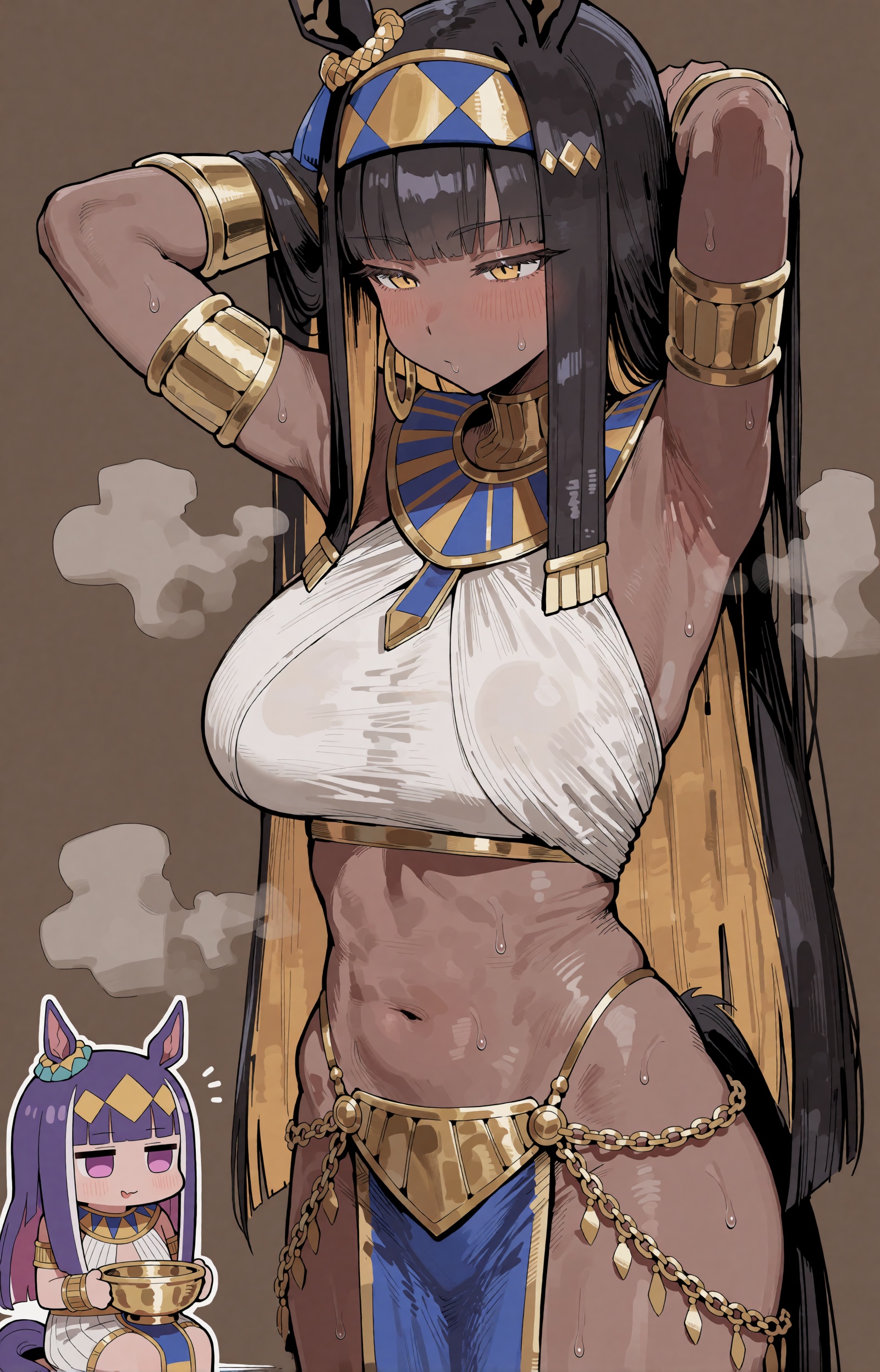 A tall,  dark-skinned anime woman with long black hair stands with her arms raised behind her head,  looking downward. She...